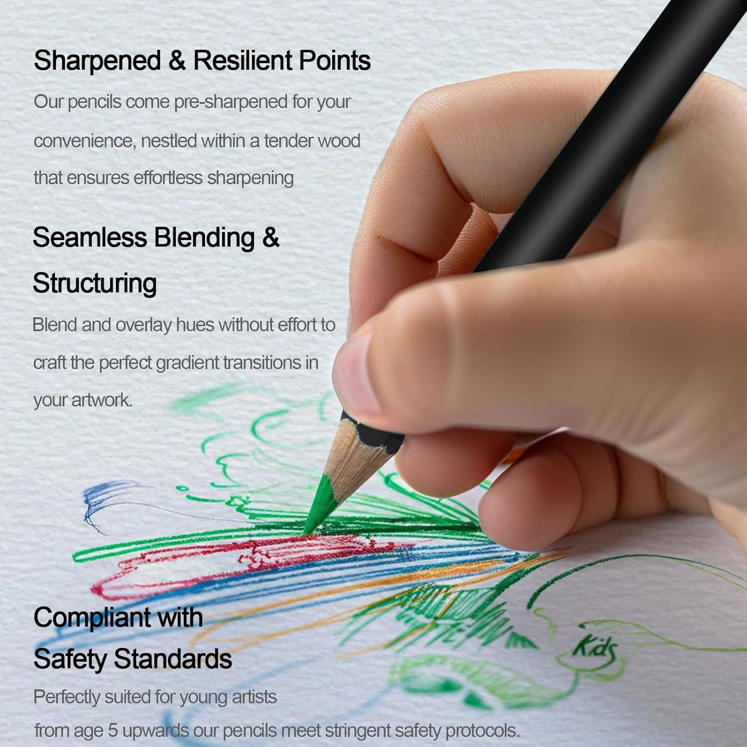 Highlights multiple key features of the colored pencils to showcase their quality and suitability for artists of all ages.