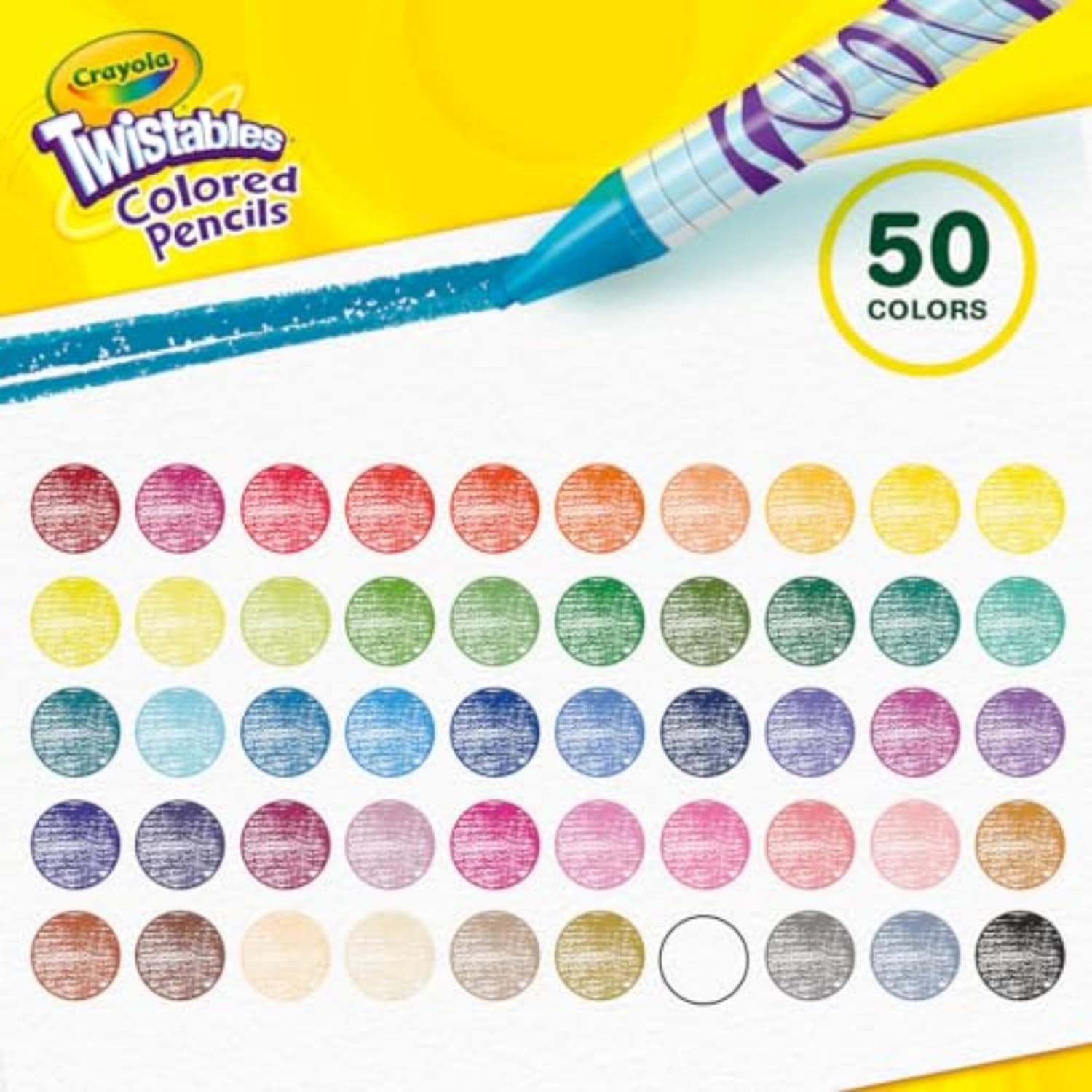 Showcases the wide range of 50 colors available and highlights the twistable pencil design for easy use.