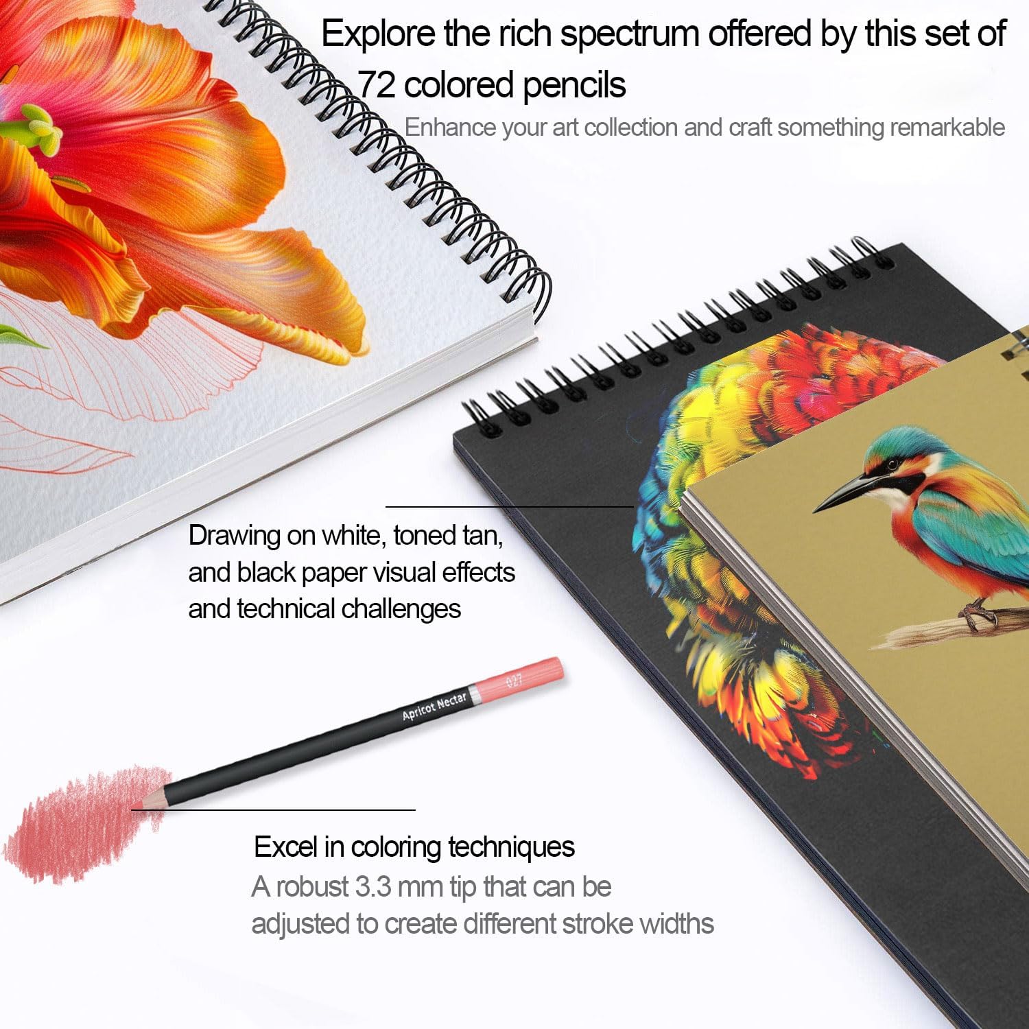 Showcases the wide range of colors and versatility of the colored pencil set, highlighting its ability to create detailed artwork on different paper types.