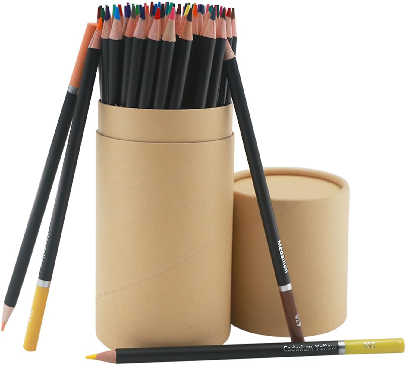 Shows the complete set of colored pencils included in the product, along with the storage container, to highlight the variety of colors and convenient packaging.
