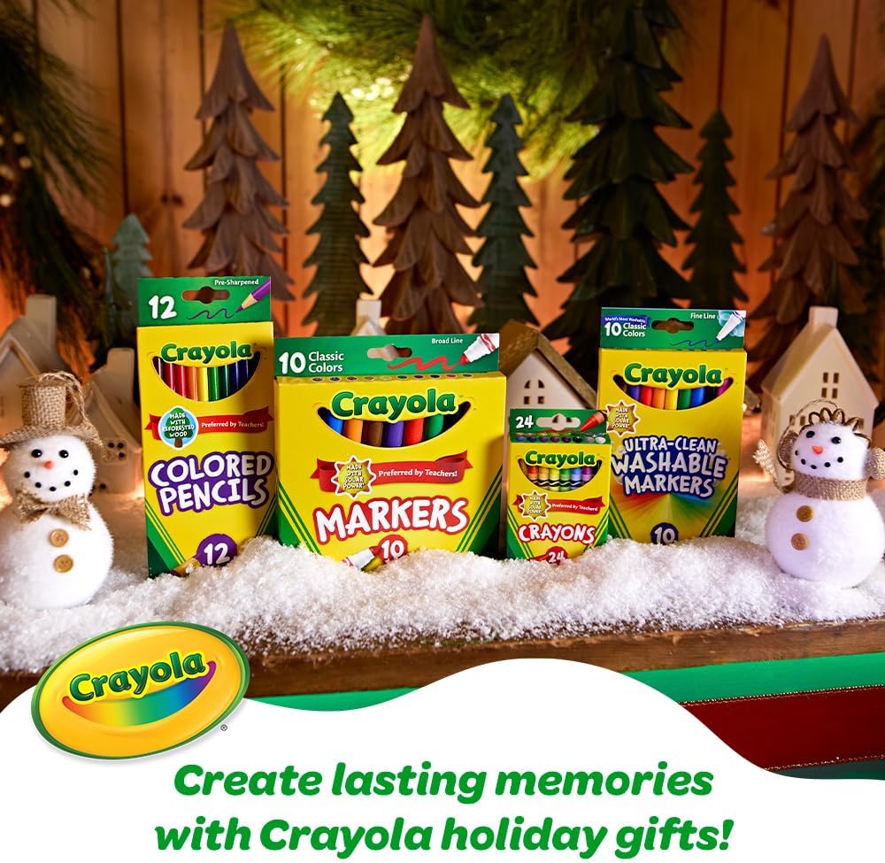 Promotes Crayola products as ideal holiday gifts for creating lasting memories during the festive season. Showcases the range of Crayola products available in the gift set, including colored…