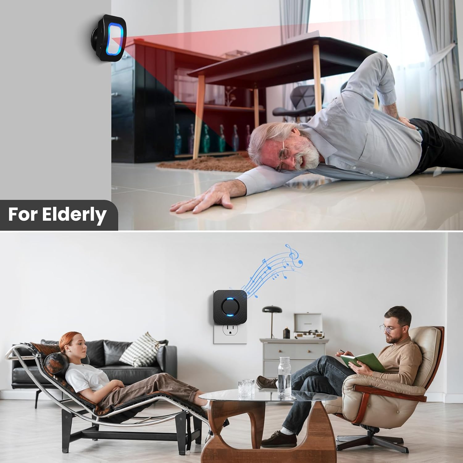 Demonstrates how the product can be used for elderly care and safety monitoring in the home. Shows how the product enhances safety for elderly users through fall detection and audio monitoring…