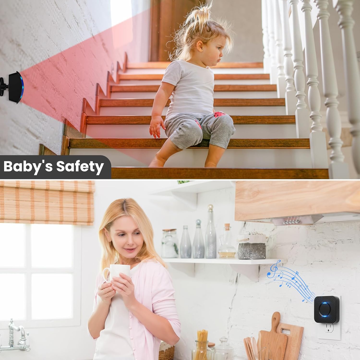Demonstrates how the product helps monitor and ensure baby's safety in different areas of the home. Shows multiple use cases for the baby monitor in different areas of the house, emphasizing its…
