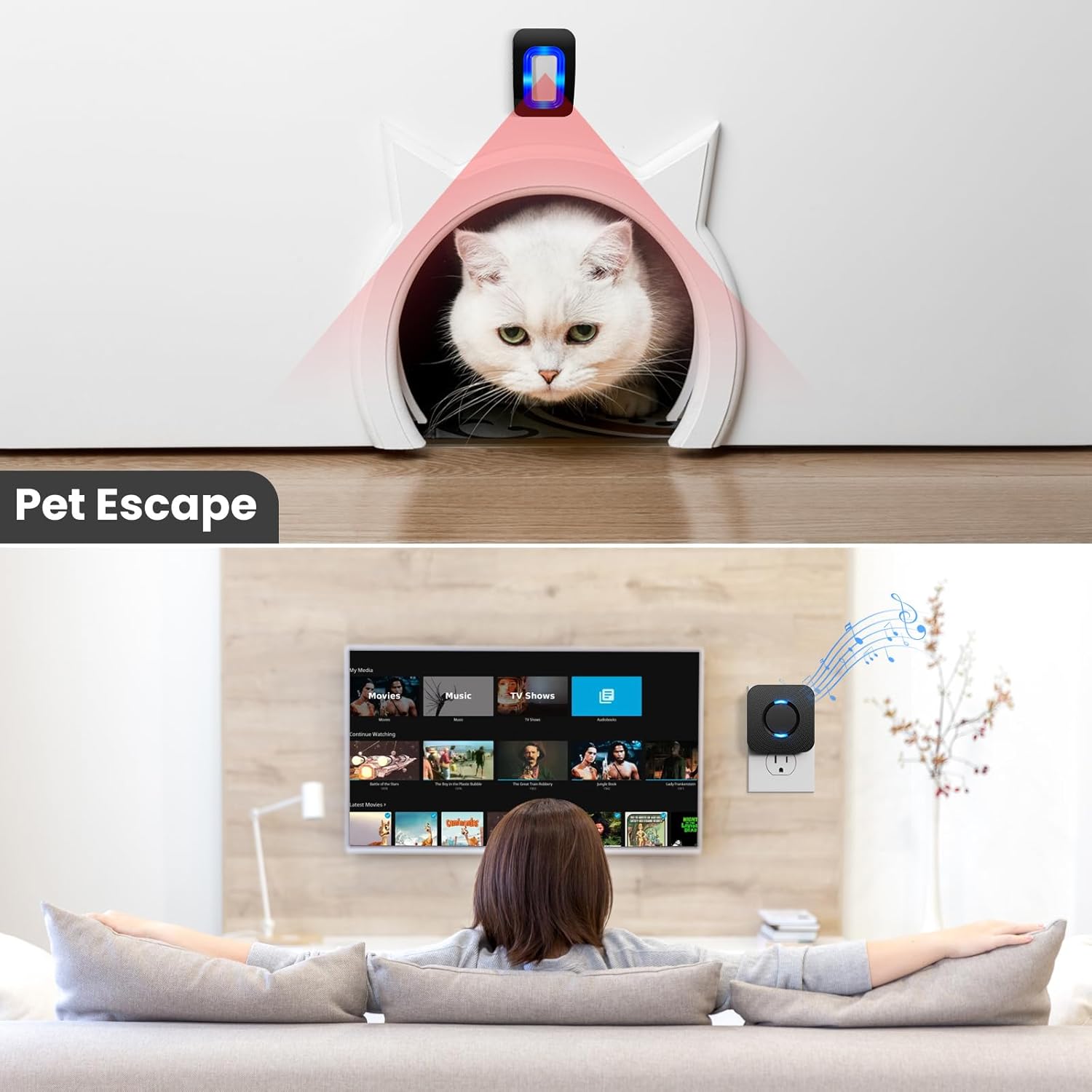 Demonstrates how the product can be used for pet monitoring while integrating with smart home devices like TVs and speakers.