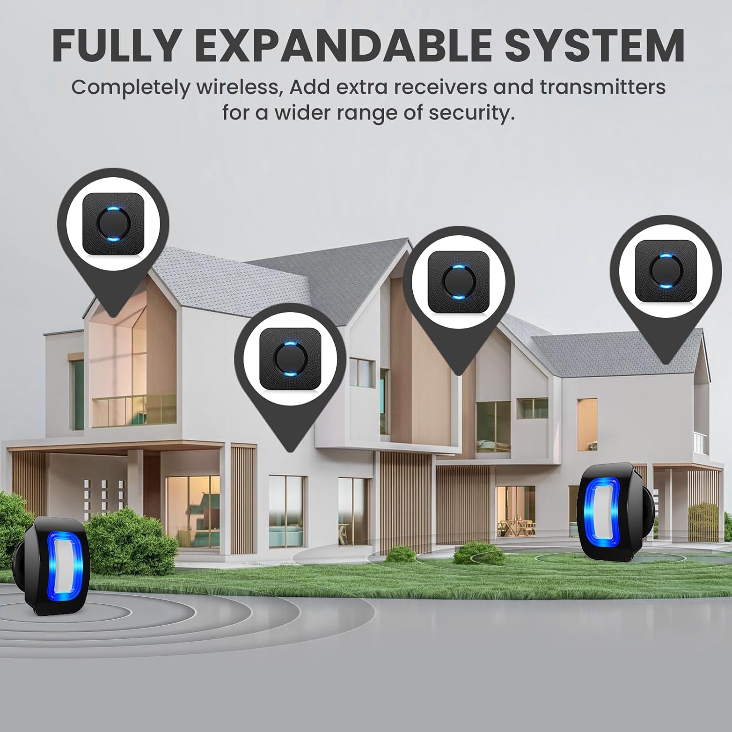 Demonstrates how the security system can be expanded with additional receivers and transmitters to cover a wider area, emphasizing its flexibility and scalability.