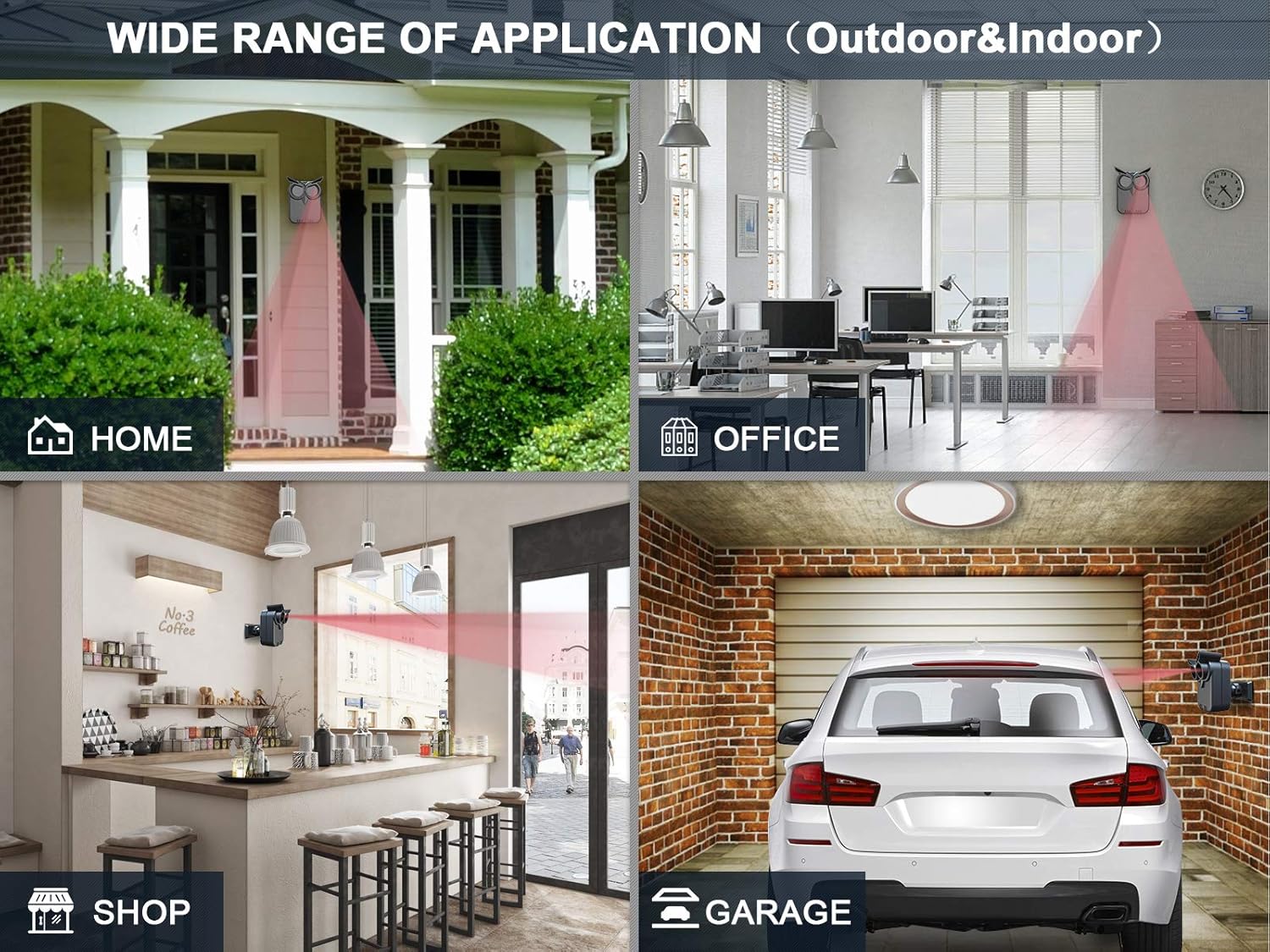 Demonstrates the versatility of the product by showing its use in various settings including home, office, shop, and garage.