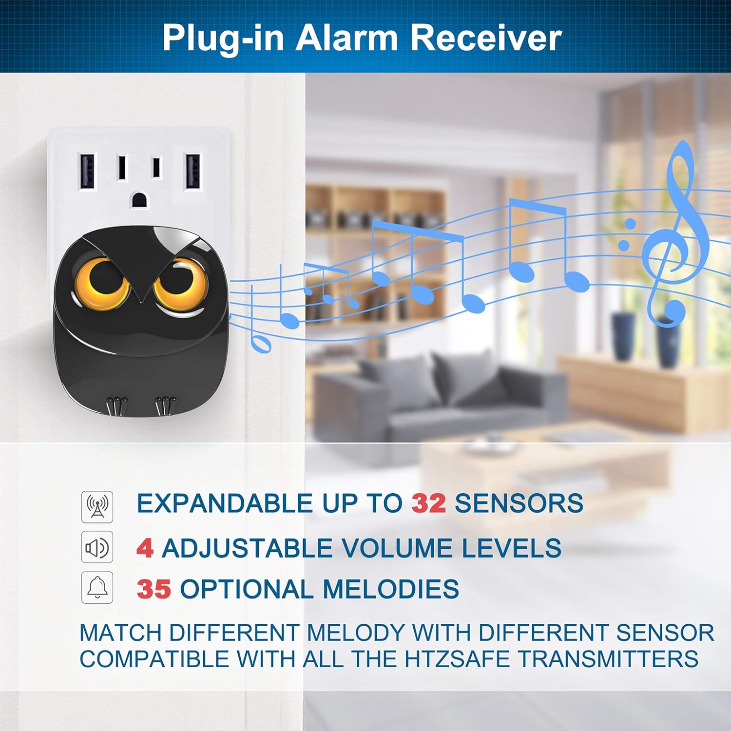 Highlights the key features of the alarm receiver, emphasizing its expandability, volume control, and melody options to show its versatility and customization capabilities.