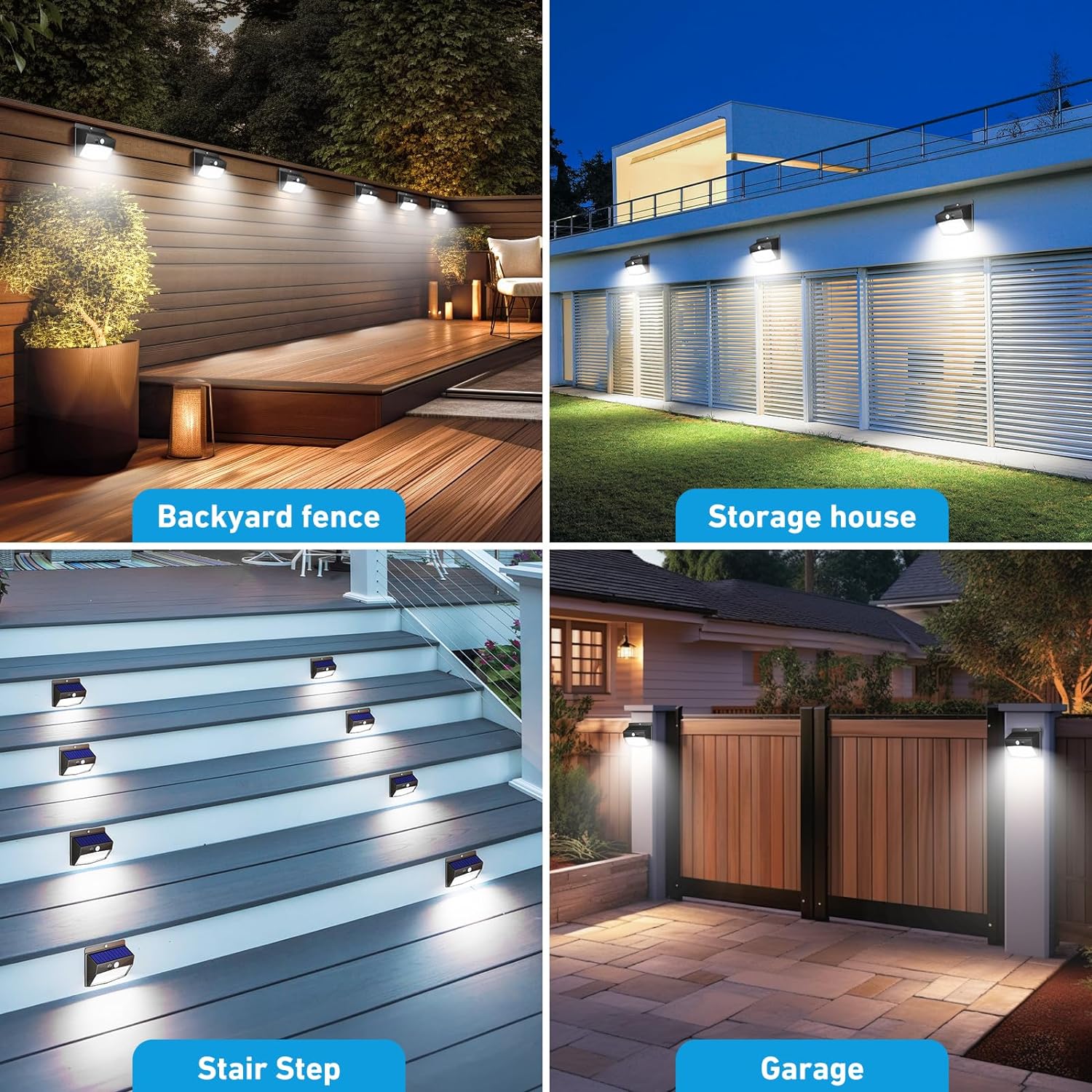 Demonstrates various outdoor applications for the solar lights, including fences, storage areas, stairs, and garages to show versatility and security benefits.