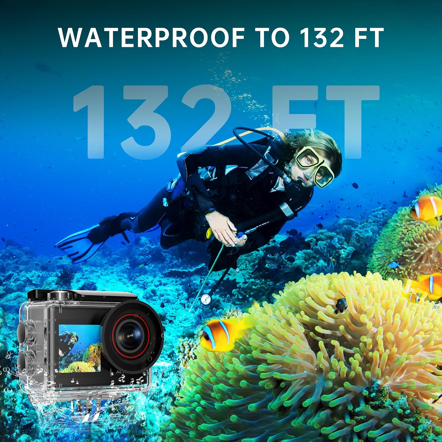 Emphasizes the product's extreme waterproof capability, reassuring potential buyers that the camera can be used for deep underwater photography.