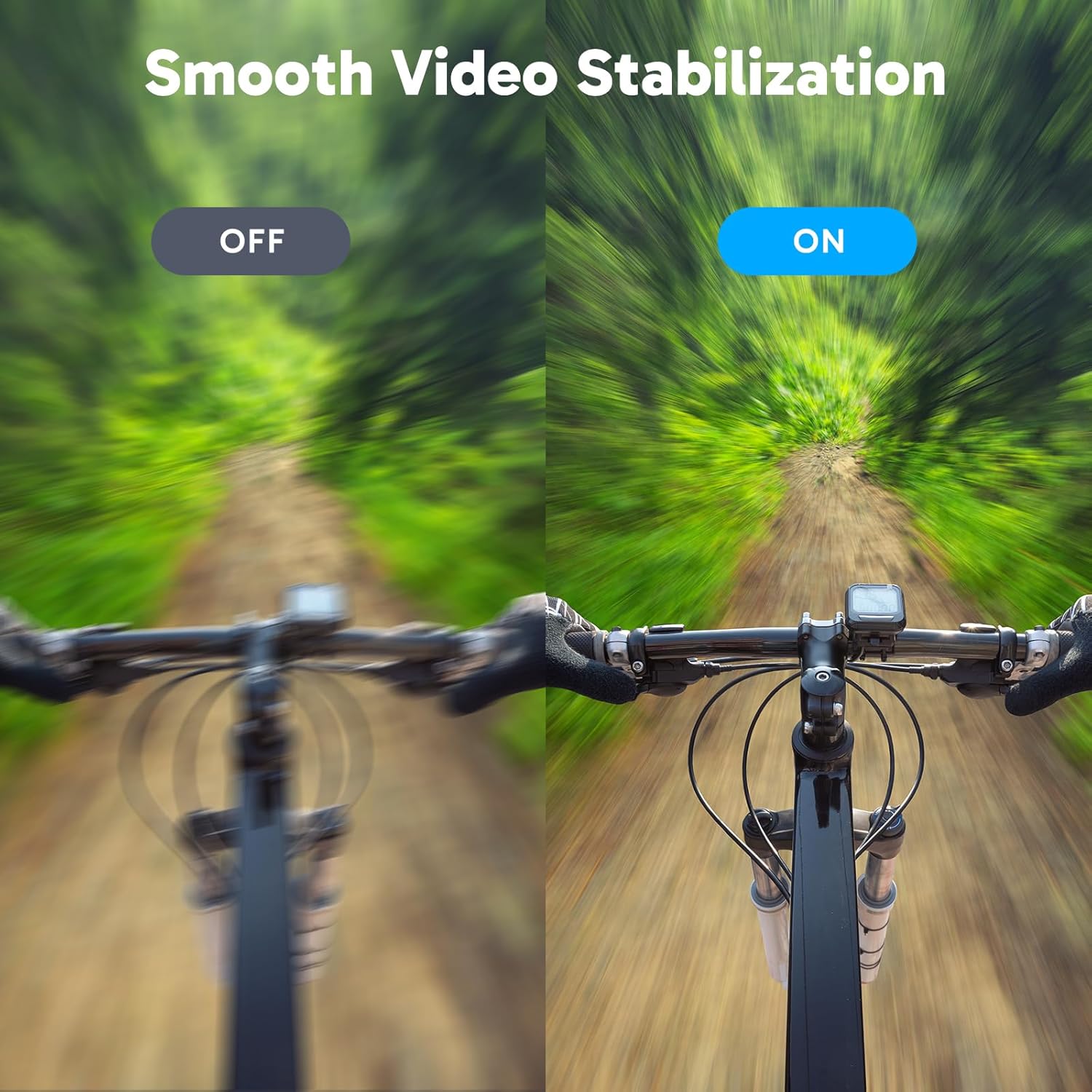 Demonstrates the effectiveness of the product's video stabilization feature by showing a side-by-side comparison of unstabilized vs stabilized footage.
