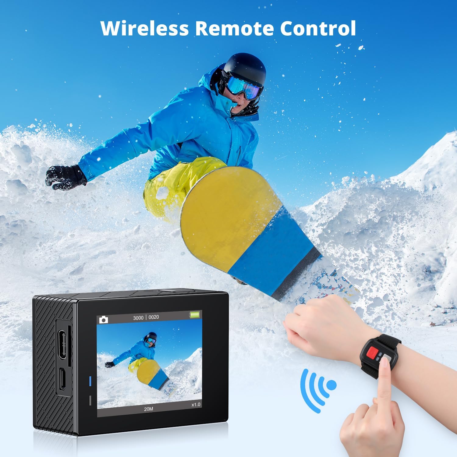 Highlights the wireless remote control feature of the action camera, showing how it allows hands-free operation during action sports like snowboarding.
