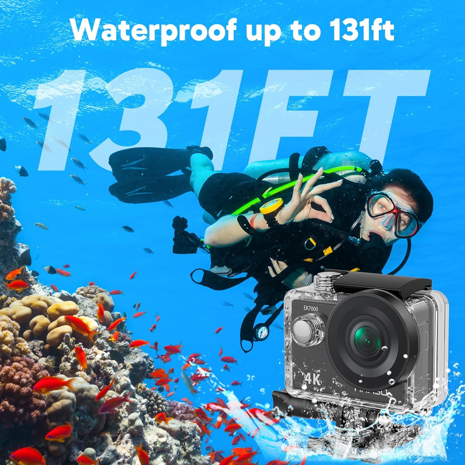 Emphasizes the camera's exceptional waterproof capability, reassuring customers it can be used for deep underwater photography and diving.