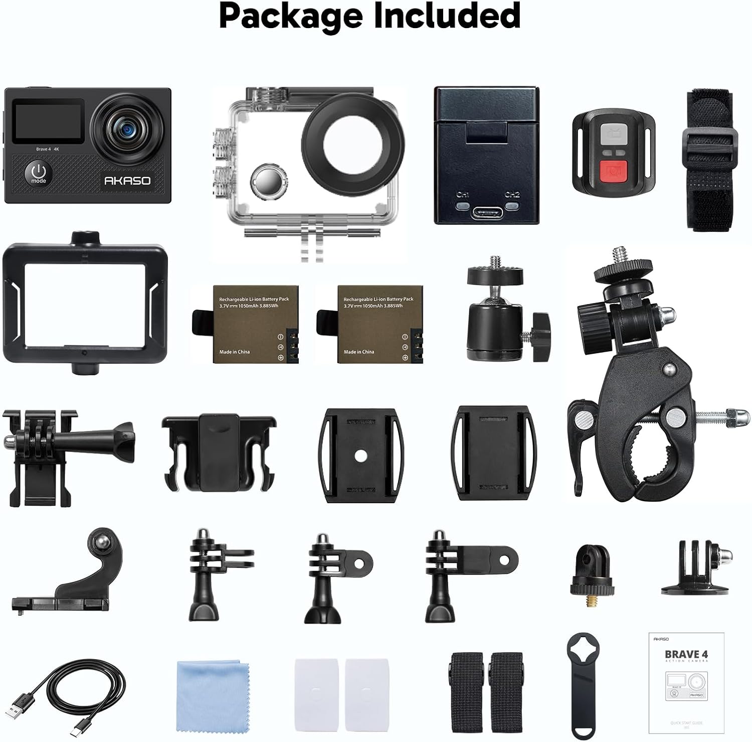 Shows all the components and accessories included with the action camera, reassuring customers of the complete package they'll receive.