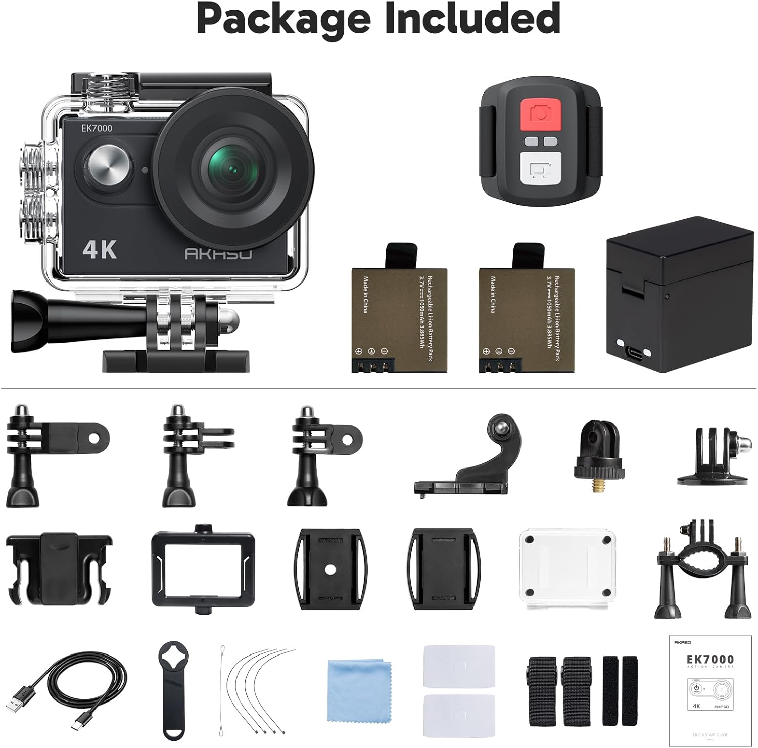 Shows all the items included in the package to demonstrate value and completeness of the action camera kit.