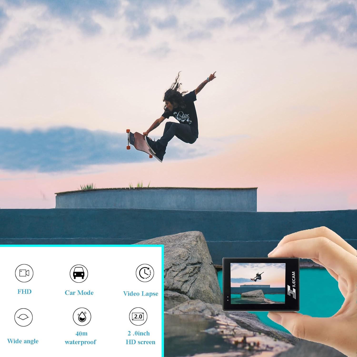 Highlights multiple key features of the action camera to showcase its versatility and capabilities for various shooting scenarios. Demonstrates the camera's suitability for capturing high-energy…