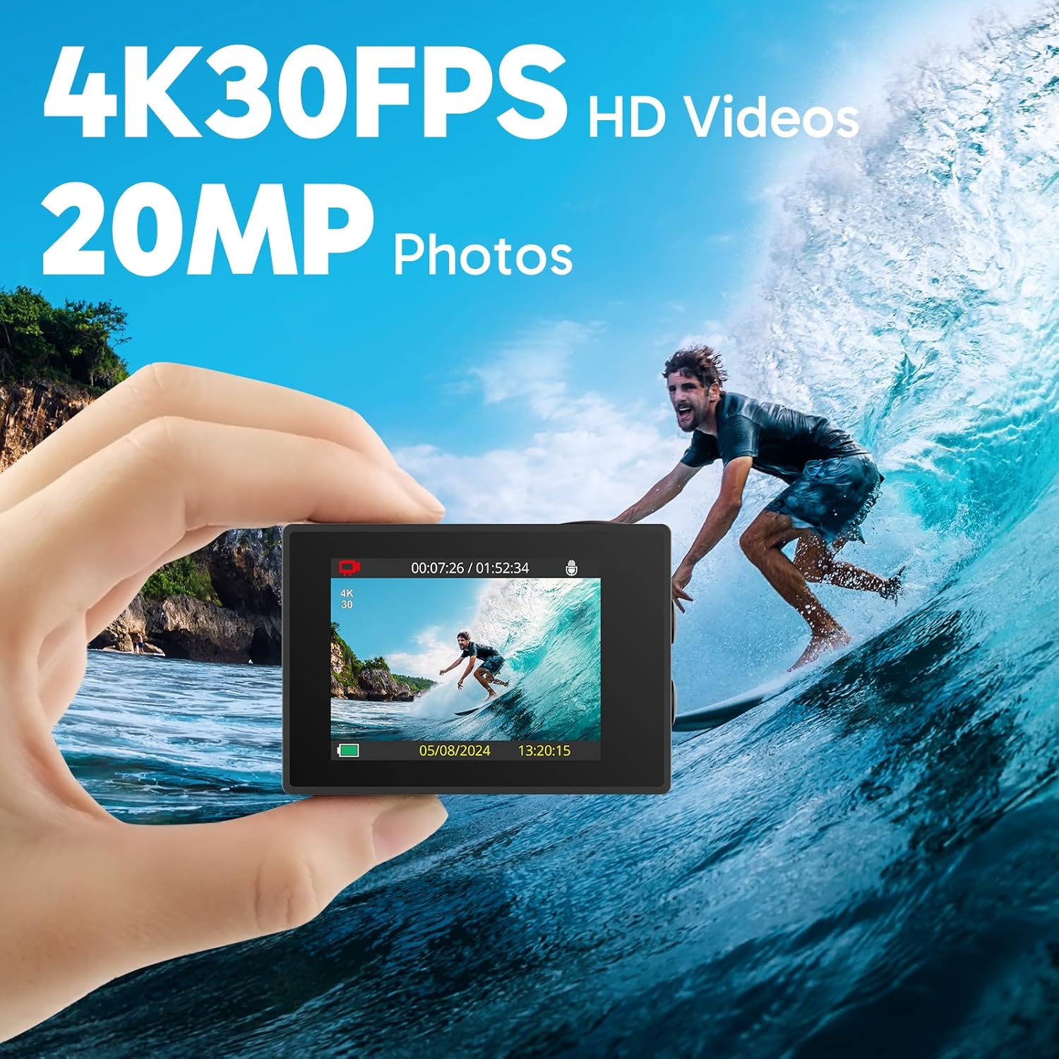 Highlights the camera's high-quality video and photo capabilities to appeal to action sports enthusiasts and content creators.