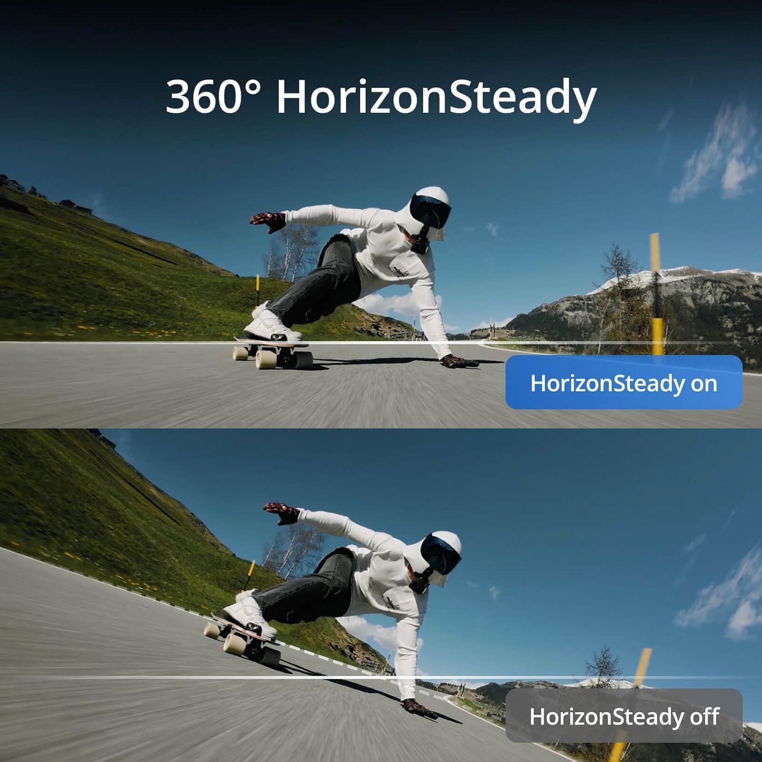 Demonstrates the camera's HorizonSteady feature for capturing smooth, level footage during action shots.