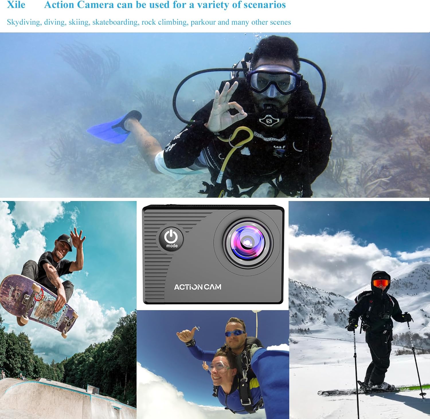 Demonstrates the wide range of activities and environments where the action camera can be used, from underwater diving to skydiving, skateboarding, and skiing.