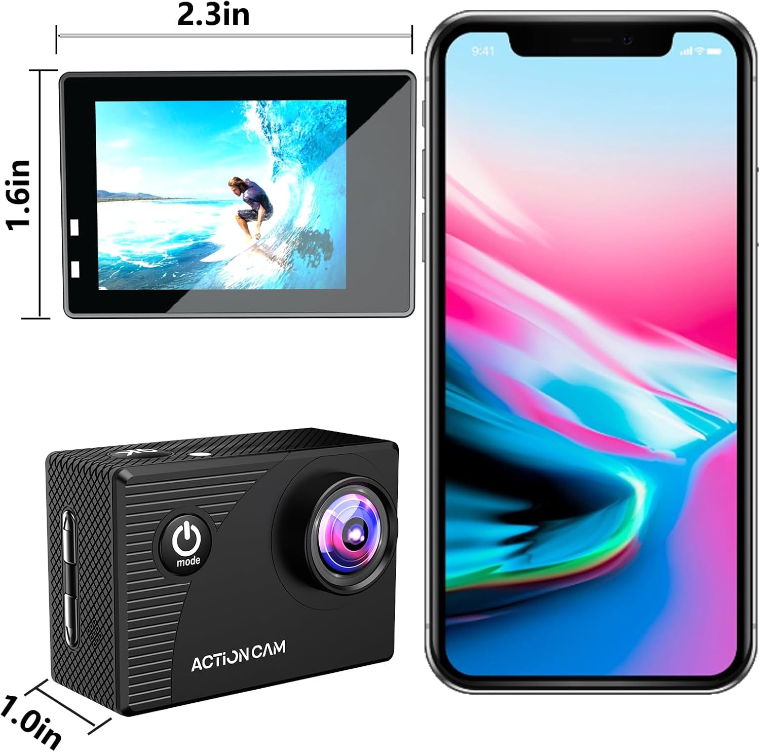 Shows the physical size of the action camera in comparison to a smartphone, helping customers understand its compact dimensions.