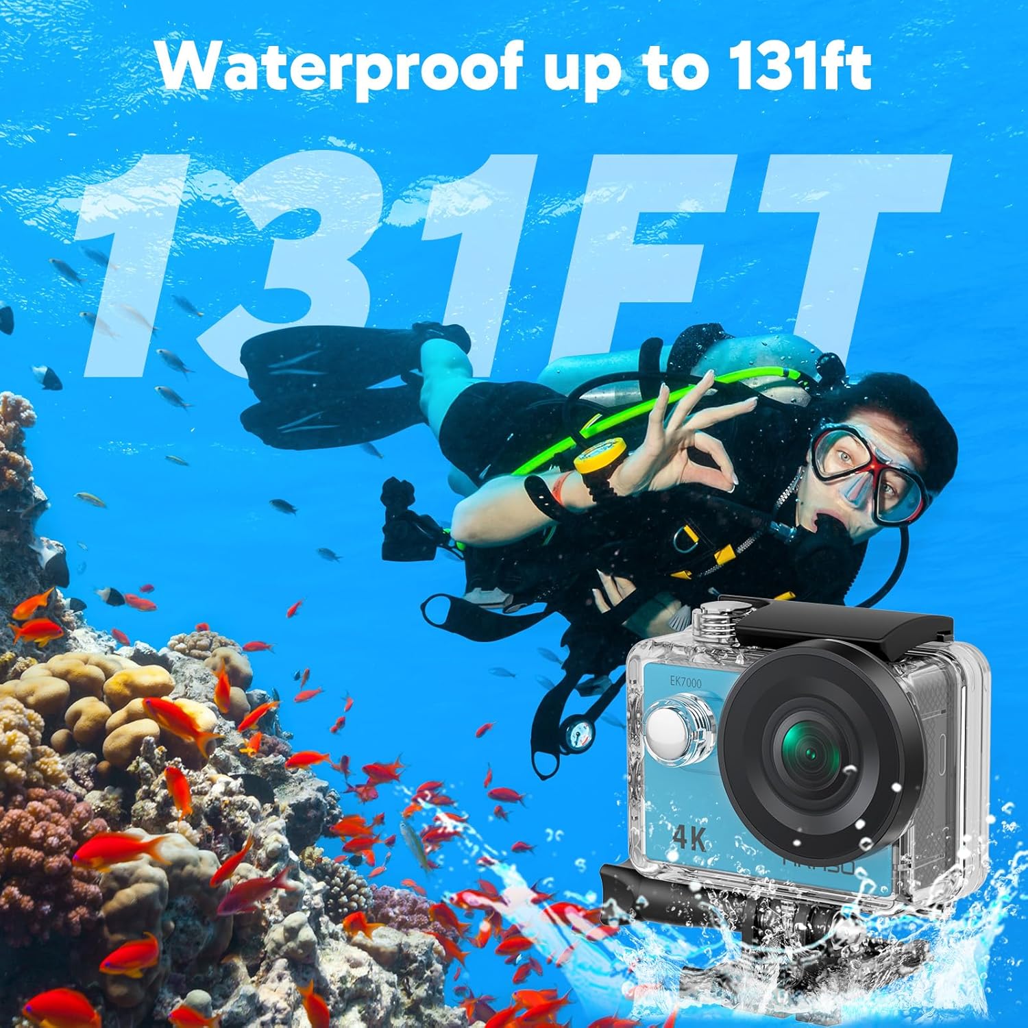 Highlights the camera's exceptional waterproof capability, reassuring customers it can be used for deep underwater photography and diving.
