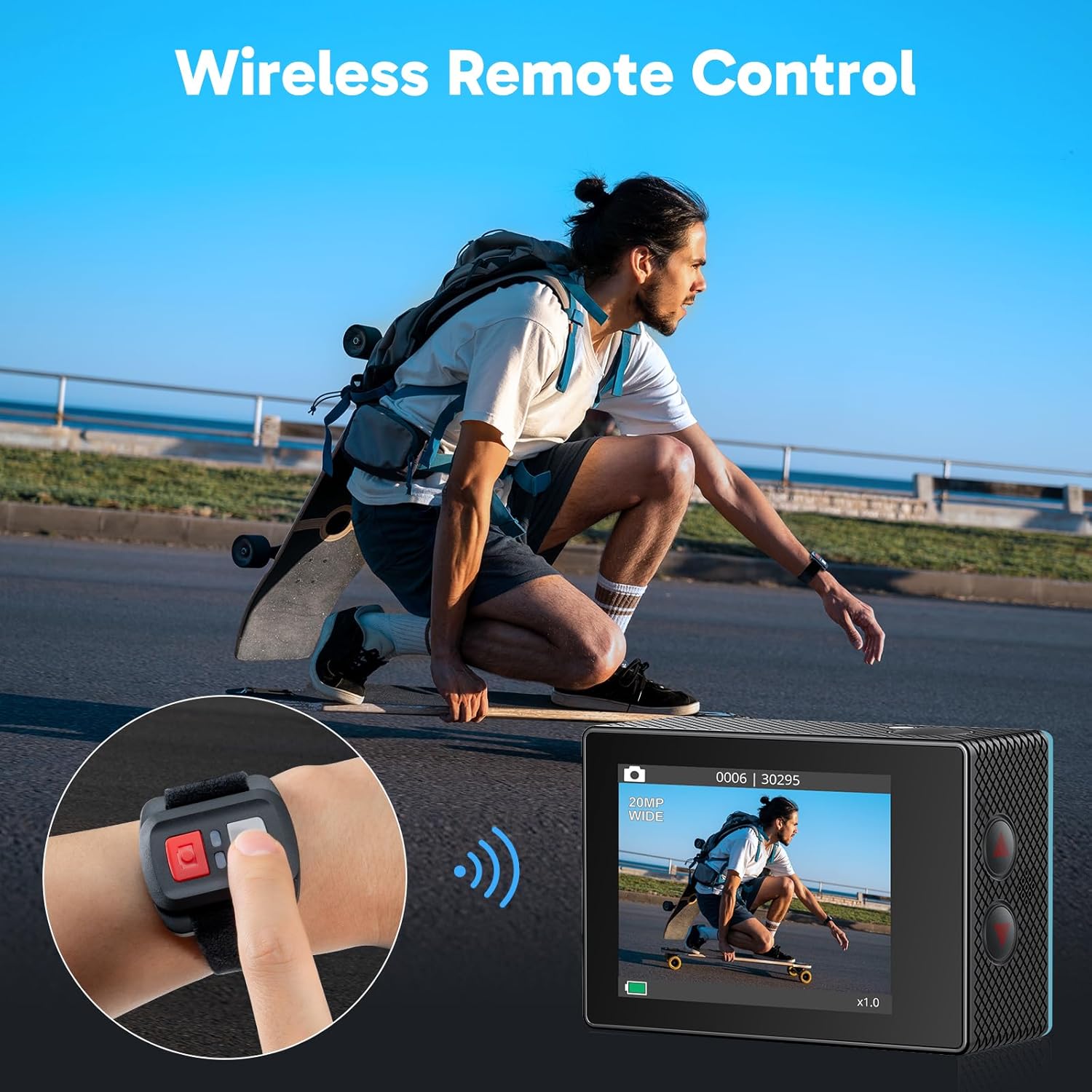 Highlights the wireless remote control feature of the action camera, showing how it enables hands-free operation for capturing action shots.