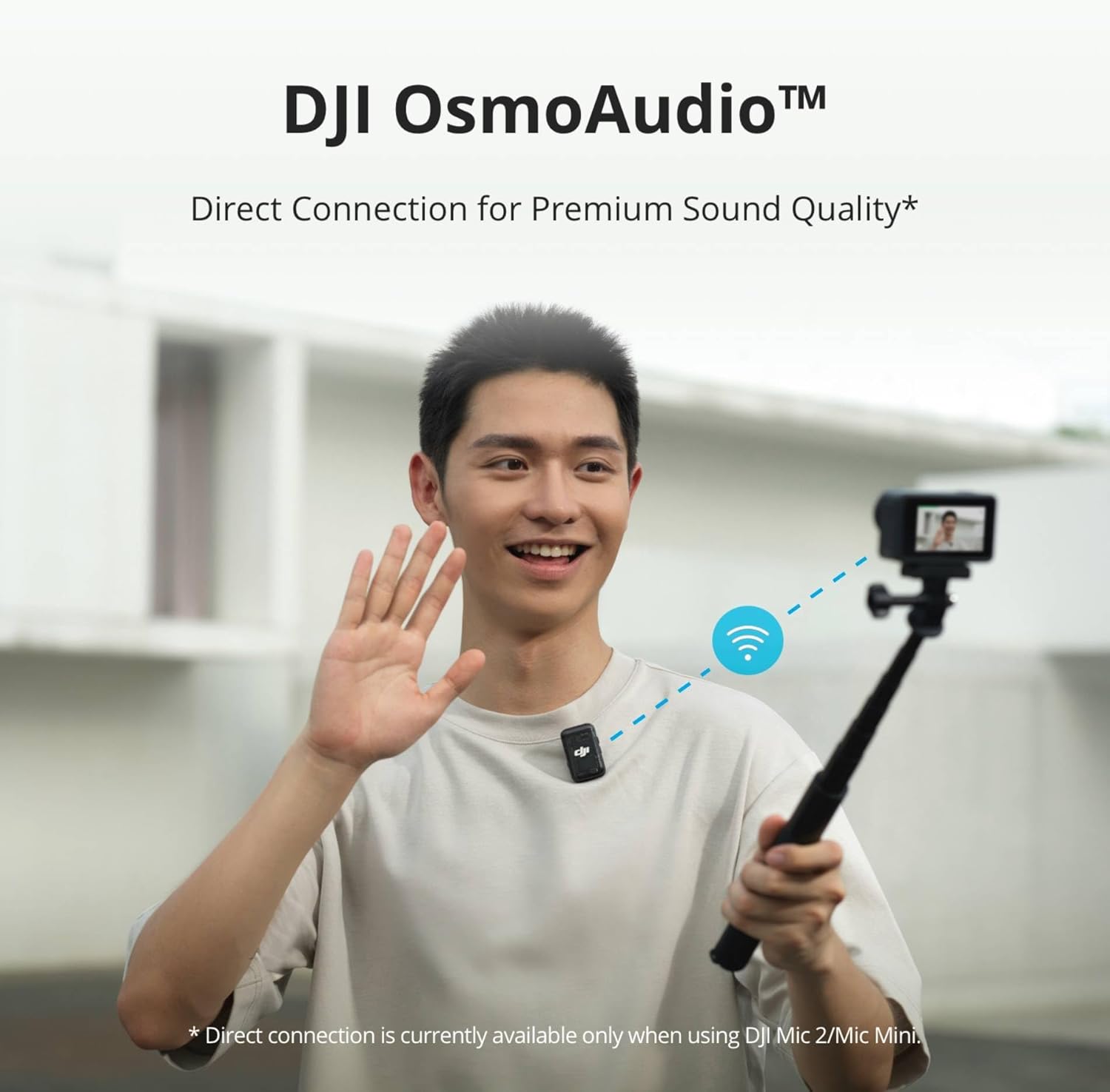 Highlights the DJI OsmoAudio feature for direct connection and premium sound quality, emphasizing improved audio recording for content creators.
