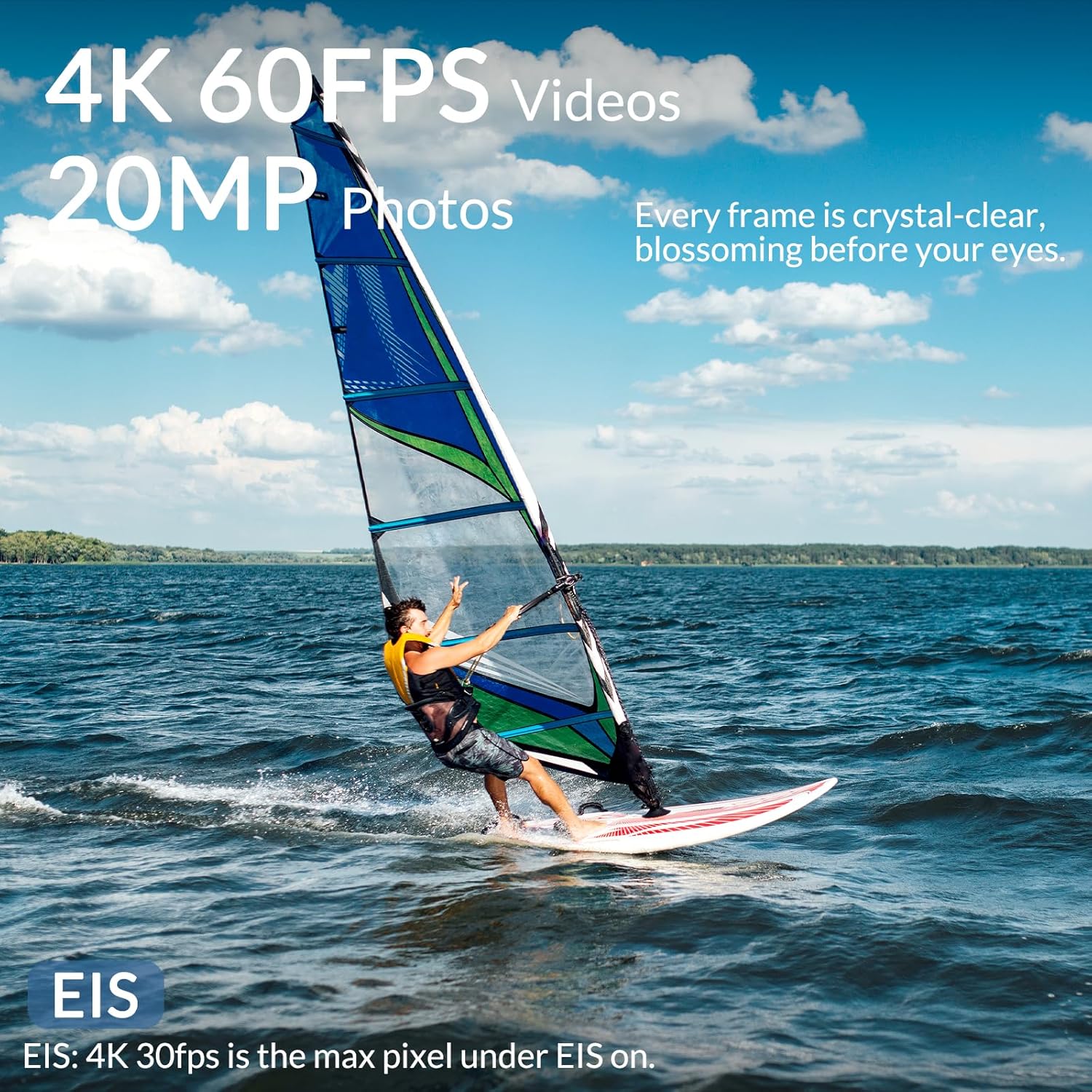 Highlights the camera's high-quality video and photo capabilities, emphasizing crystal-clear imagery and image stabilization.