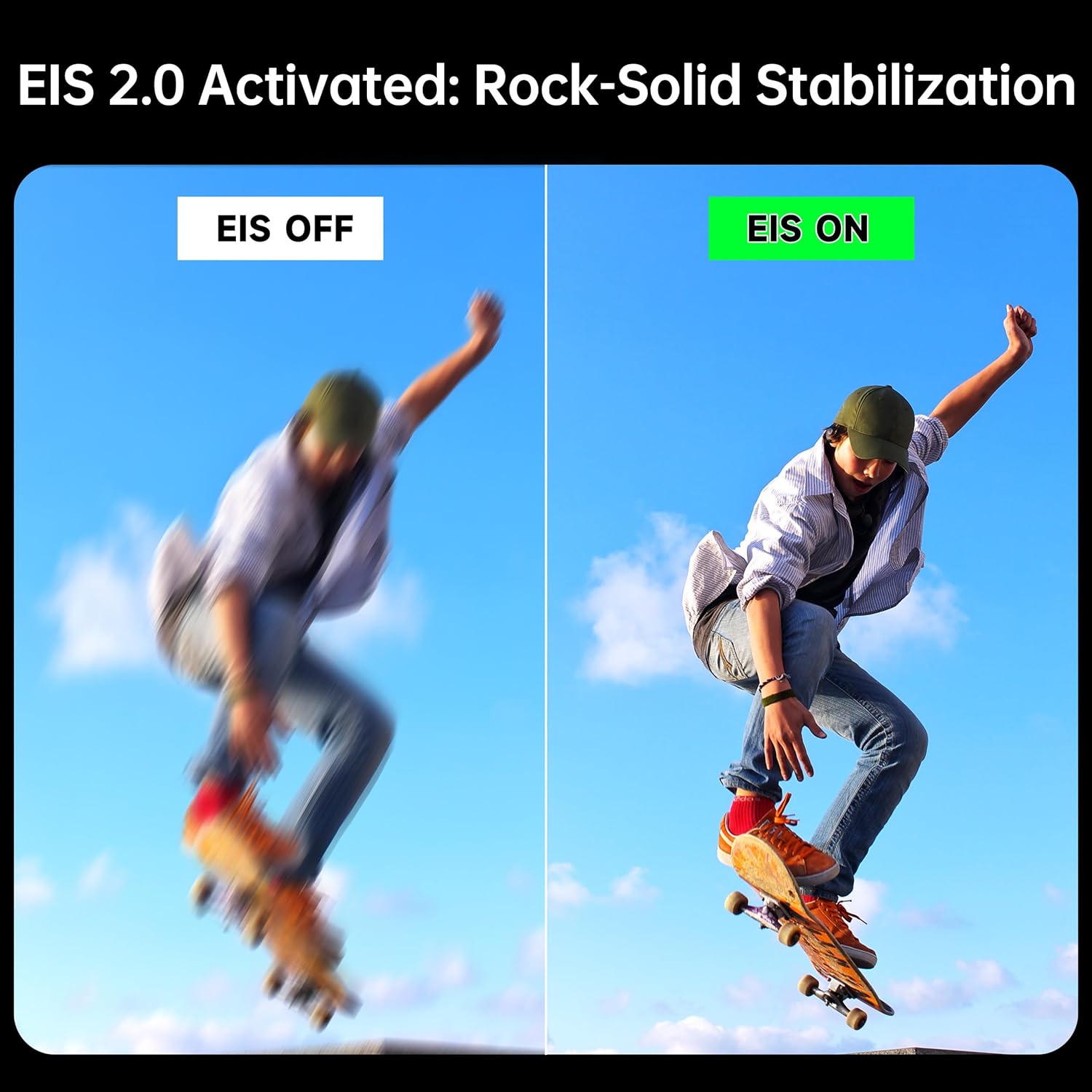 Demonstrates the effectiveness of the EIS 2.0 (Electronic Image Stabilization) feature in producing clear, stable images during action shots.