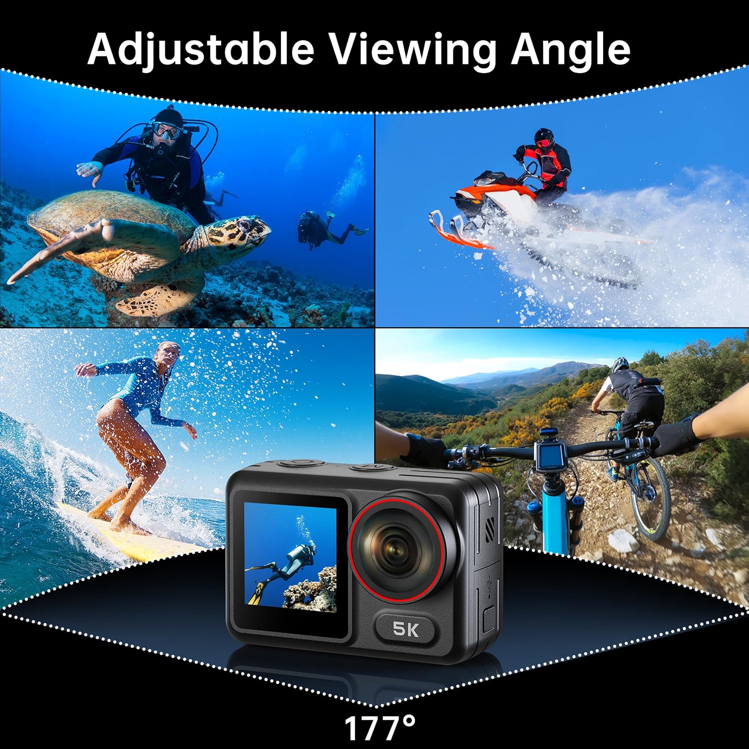 Demonstrates the camera's ability to capture high-quality footage in various extreme sports and outdoor activities, showcasing its versatility and wide viewing angle.
