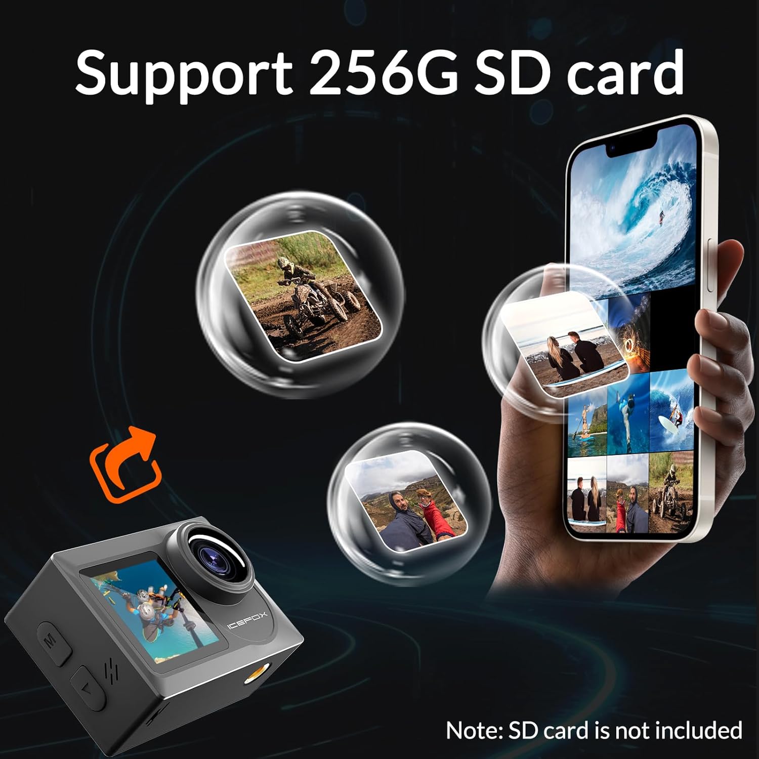 Highlights the product's ability to support a 256GB SD card, emphasizing its high storage capacity for capturing and storing many photos and videos.