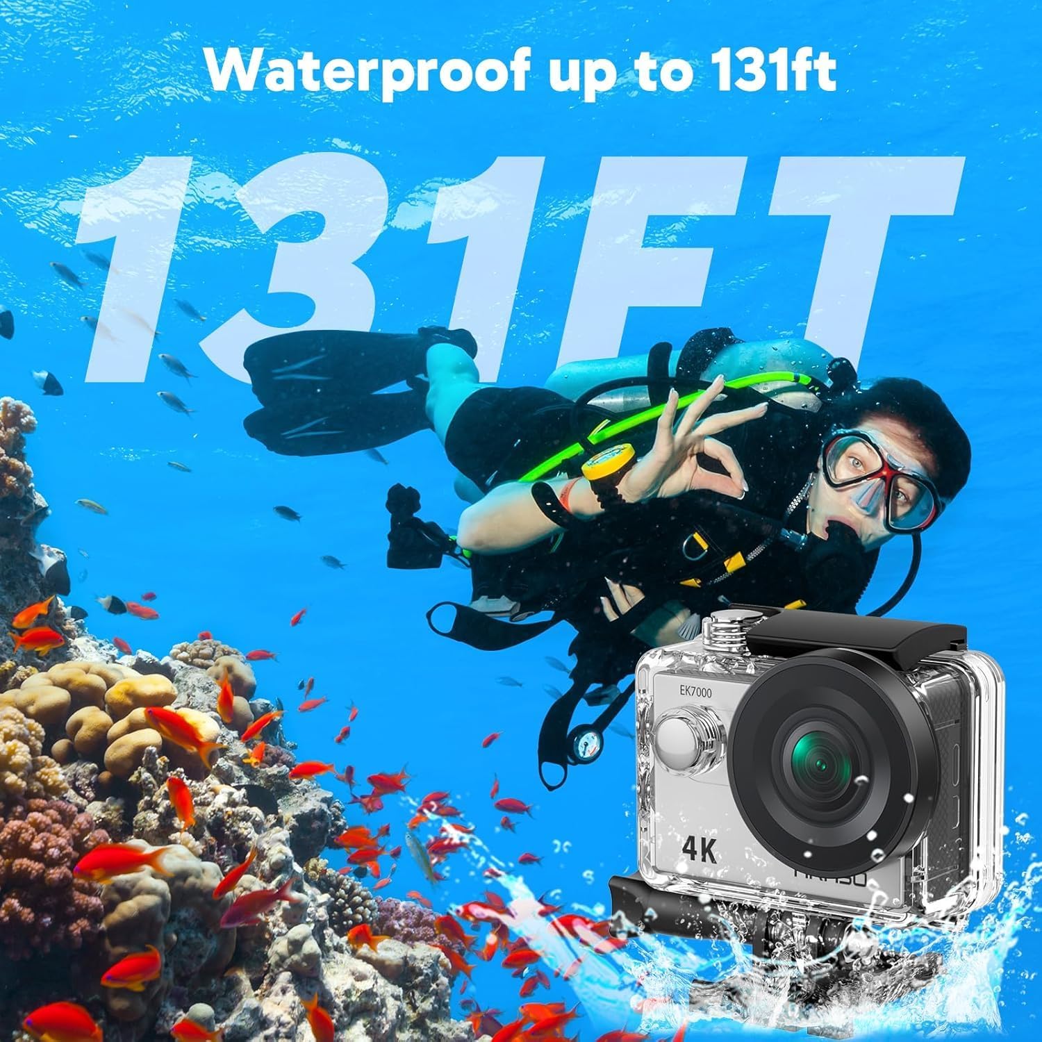 Emphasizes the camera's exceptional waterproof capability, reassuring customers it can be used for deep underwater photography and diving.