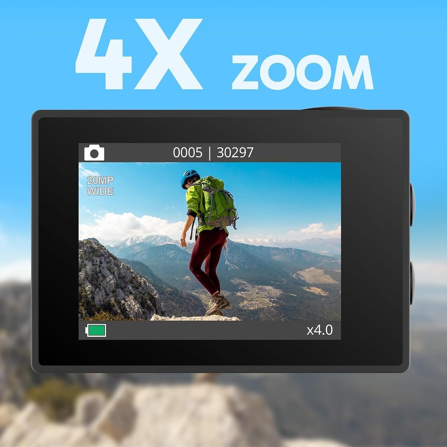 Highlights the camera's 4X zoom capability, emphasizing its ability to capture detailed shots from a distance.