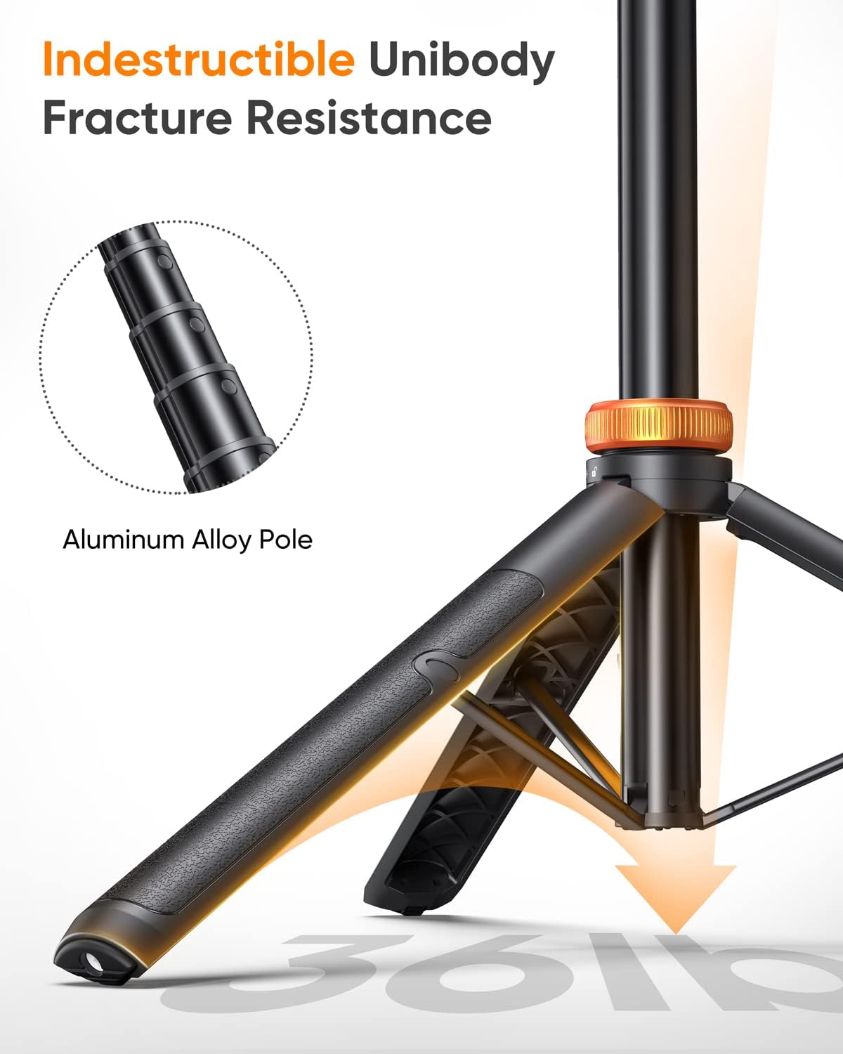 Highlights the product's durable unibody construction and fracture-resistant aluminum alloy pole to reassure customers of its strength and longevity.