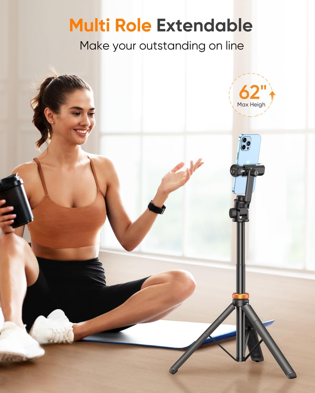 Demonstrates the versatility of the tripod for various uses, particularly highlighting its extendable feature for online content creation.