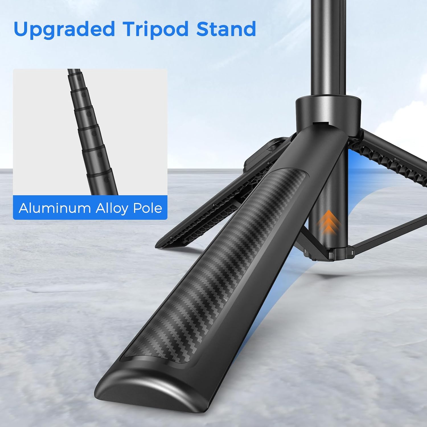Highlights the improved tripod stand design with an aluminum alloy pole, emphasizing stability and durability.