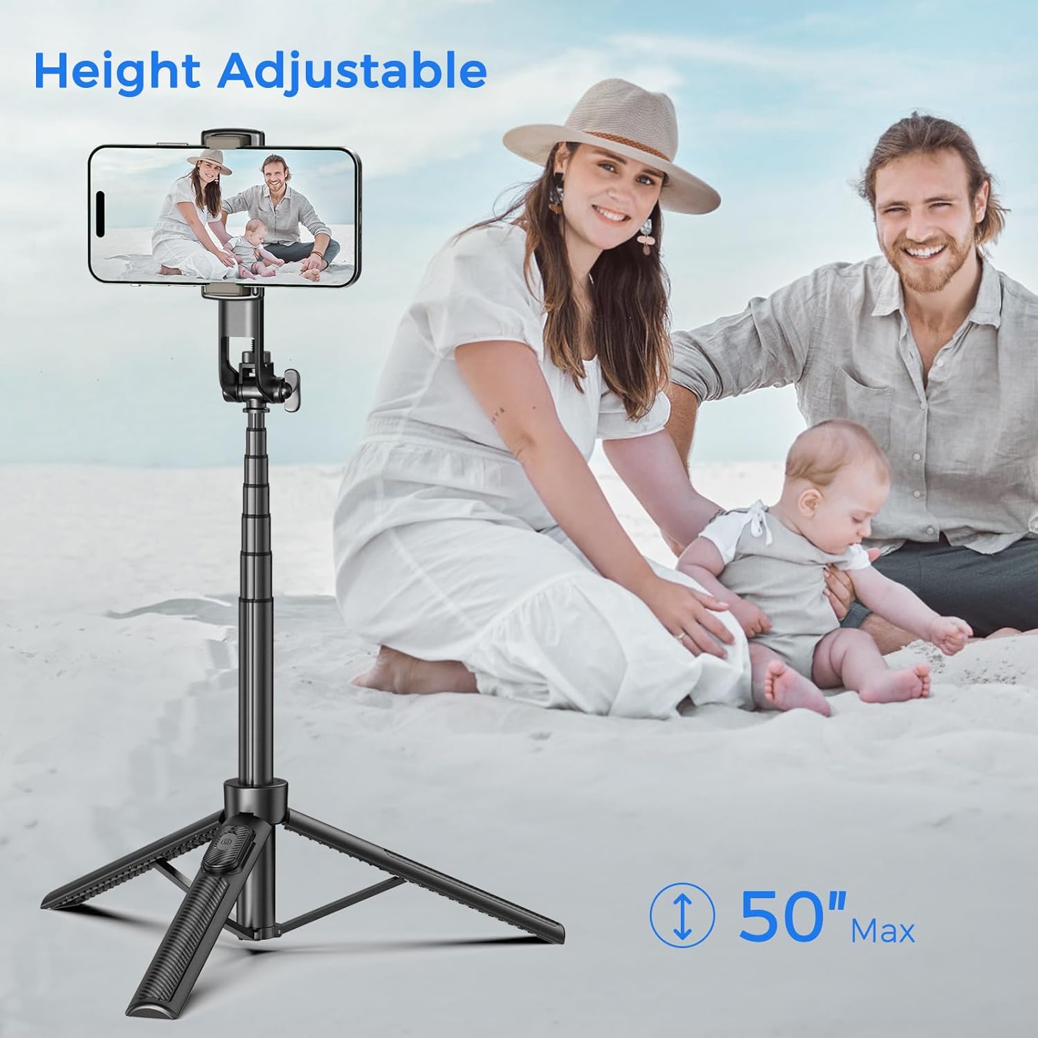 Highlights the product's height adjustability feature, showing it can extend up to 50 inches for versatile use in different situations.
