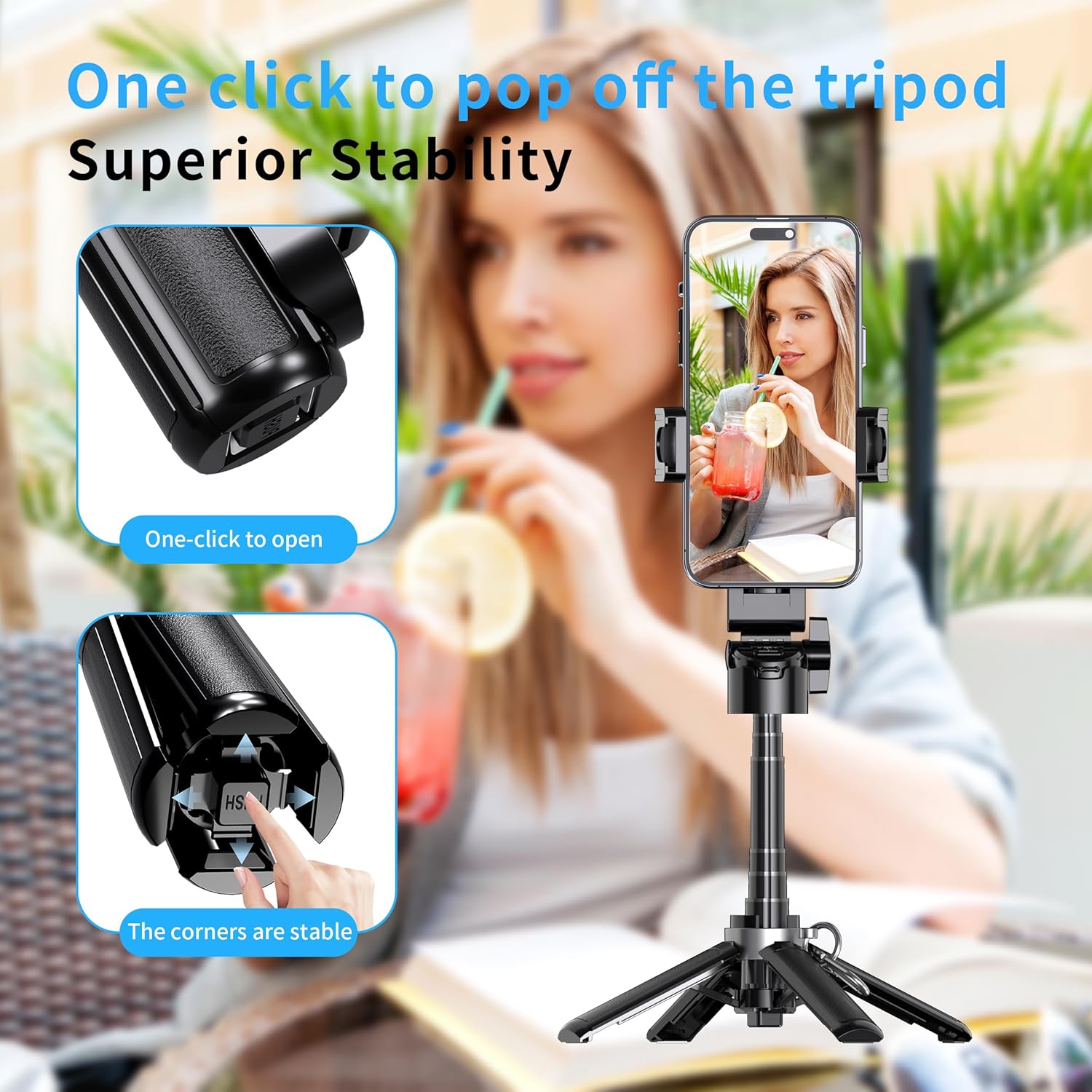 Demonstrates the easy setup process of the tripod, highlighting its one-click mechanism for quick deployment. Emphasizes the product's stability feature, reassuring users of its reliable performance…