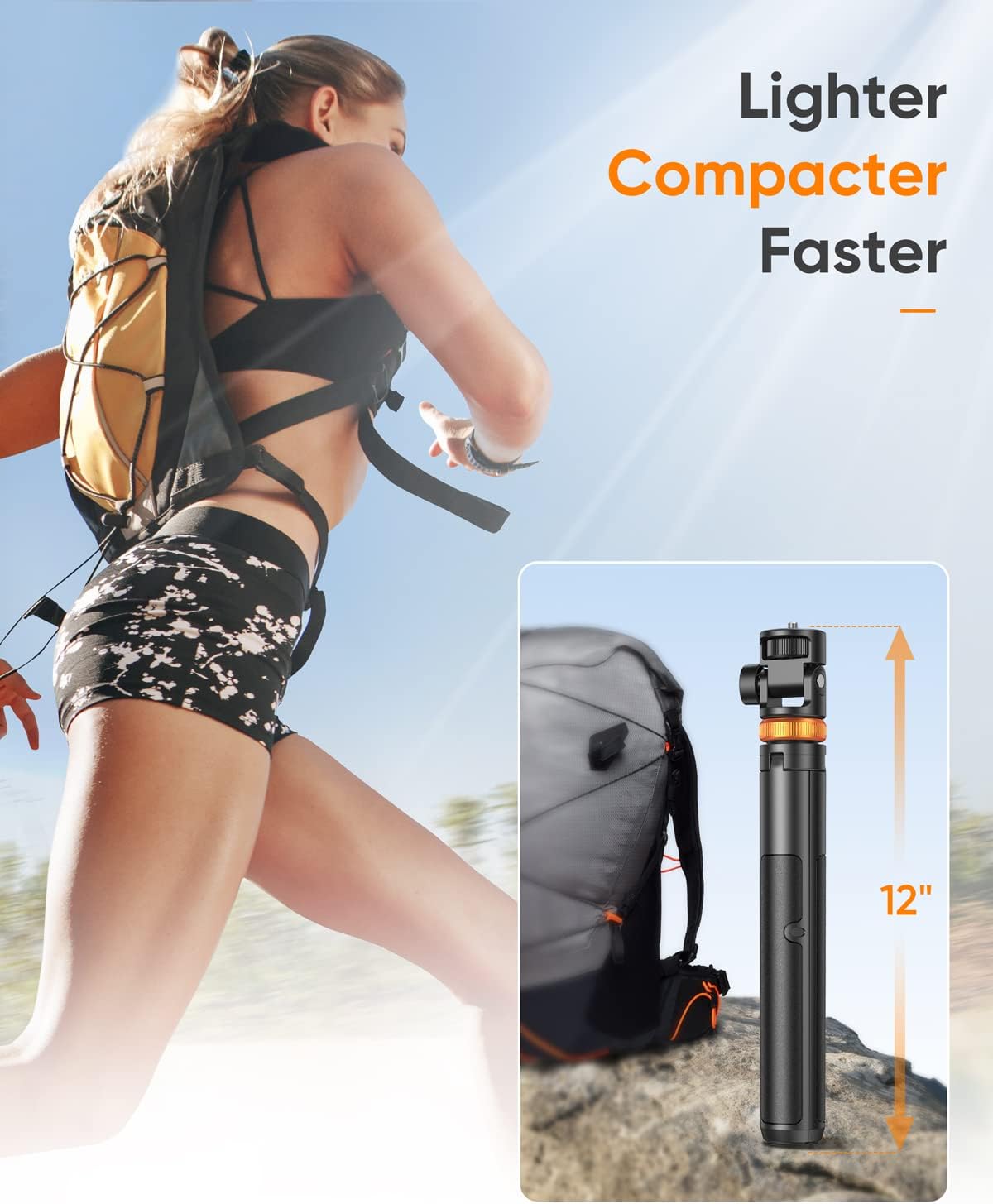 Highlights multiple key benefits of the product (lighter, more compact, faster) to appeal to active users looking for efficient gear.