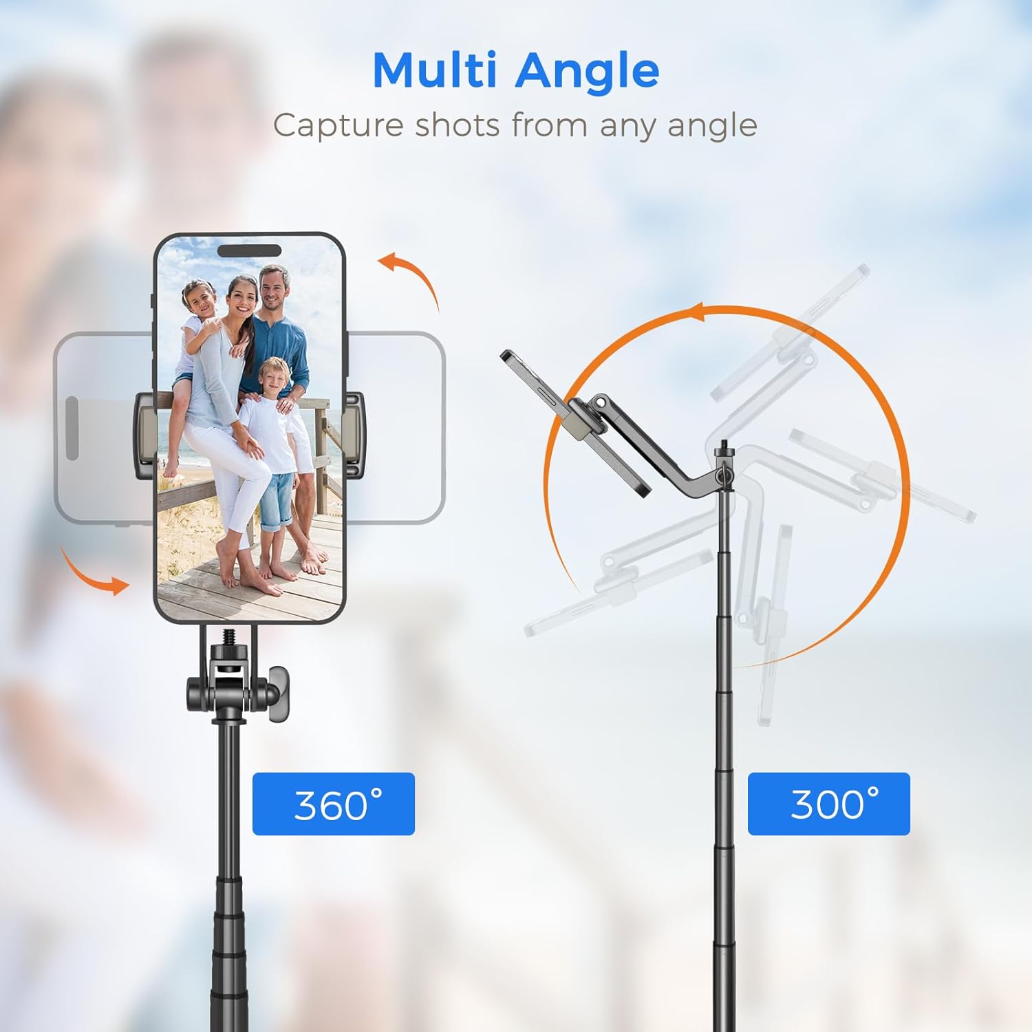 Highlights the product's ability to capture photos from various angles, emphasizing versatility and ease of use.