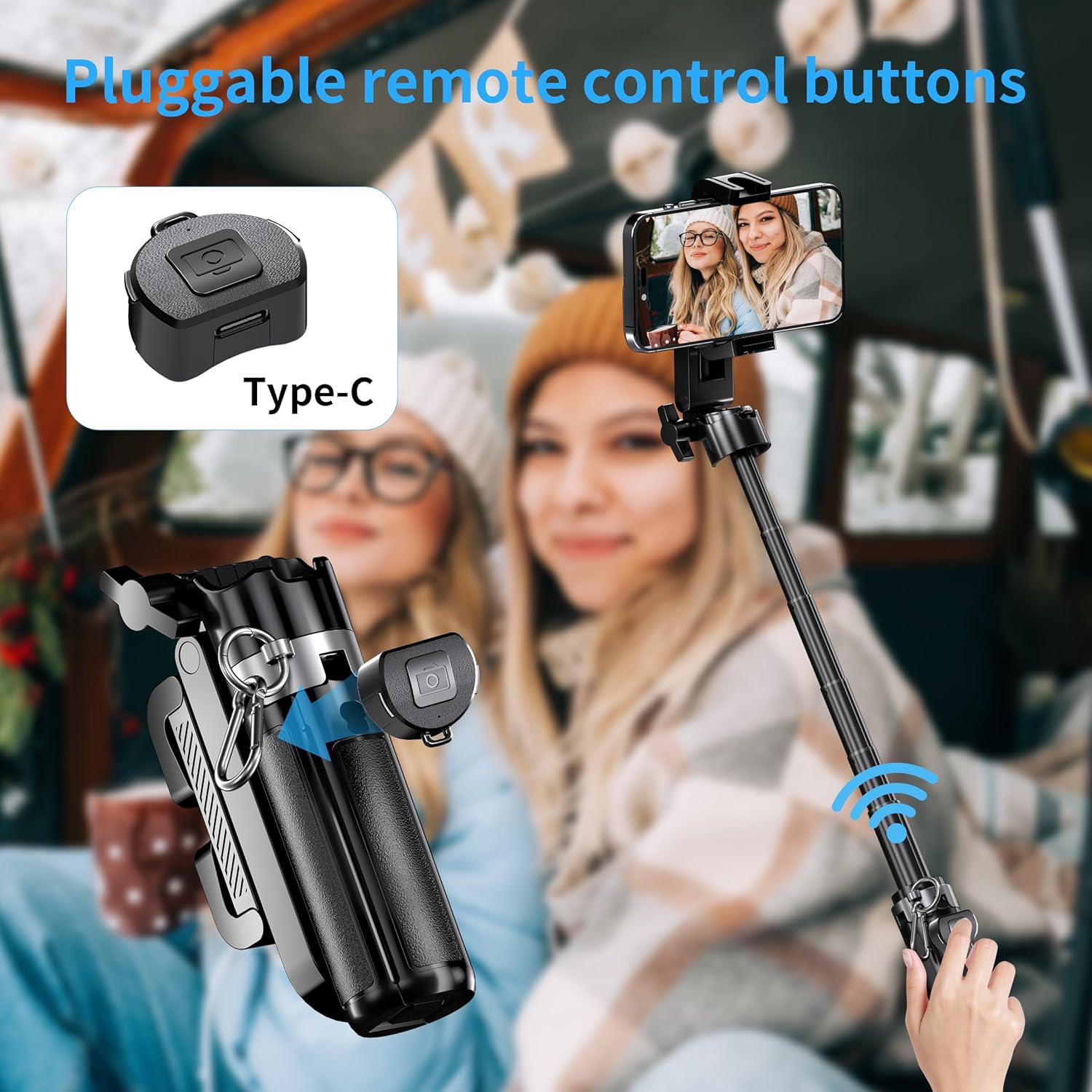 Showcases multiple features of the product including its remote control capability, Type-C compatibility, and use as a selfie stick for smartphones.