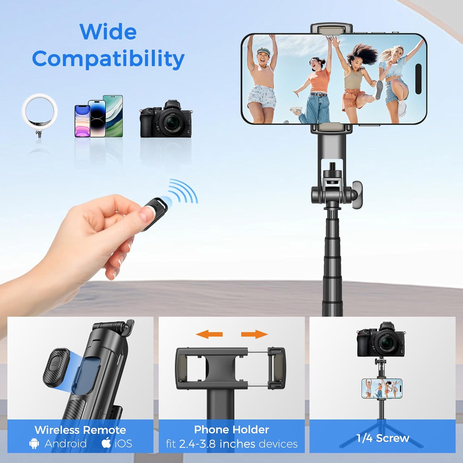 Demonstrates the product's compatibility with various devices including smartphones, cameras, and lighting equipment. Showcases the key features of the product including wireless remote, adjustable…