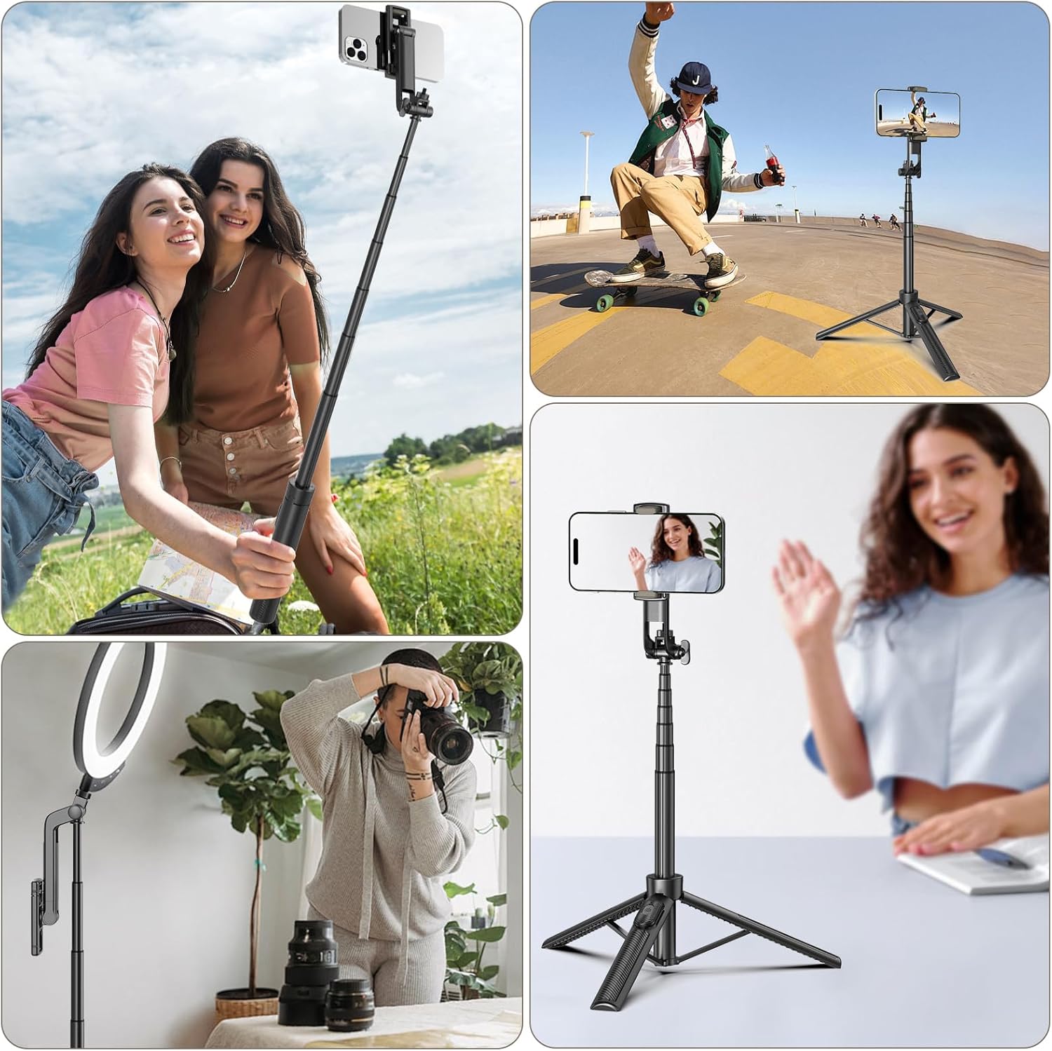 Demonstrates the various ways the selfie stick and tripod can be used for different activities and content creation scenarios.