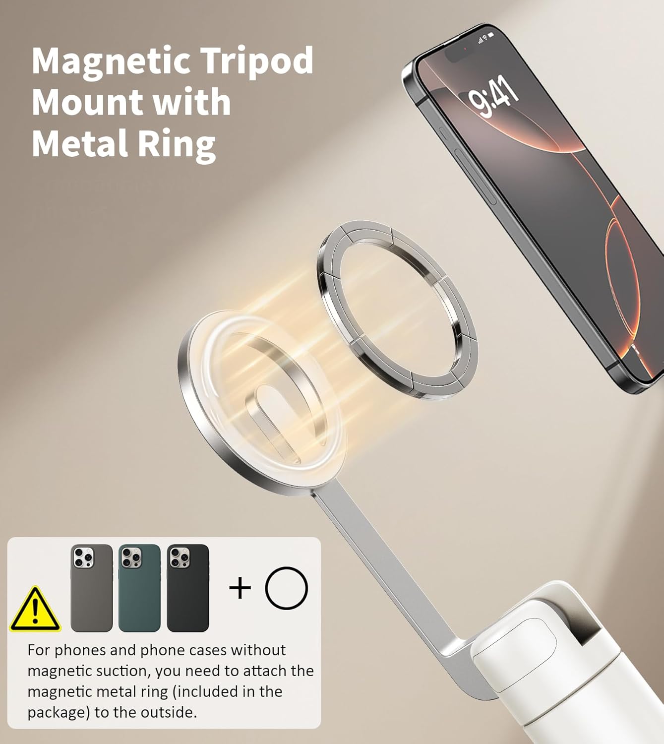 Highlights the product's magnetic tripod mount feature, demonstrating how it can securely hold a smartphone.