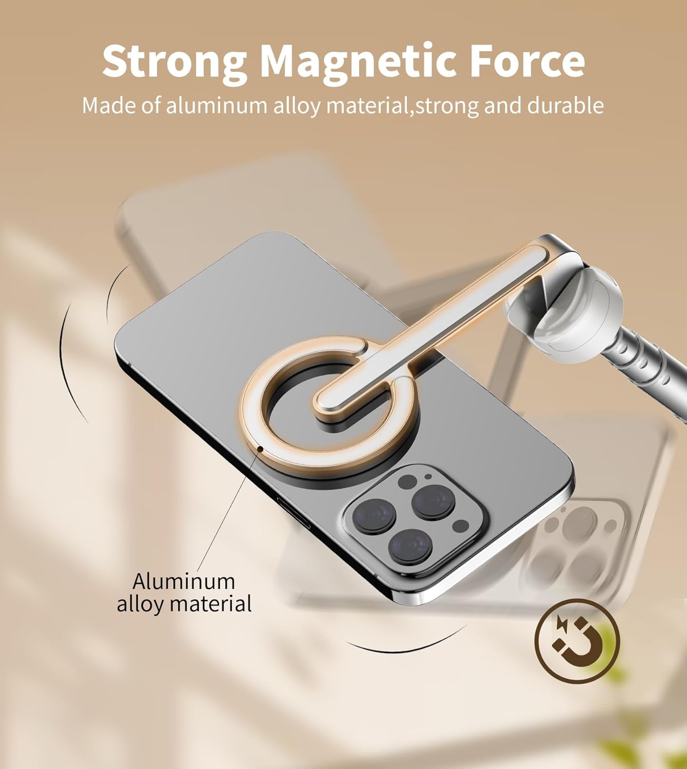 Highlights the product's strong magnetic force and durable aluminum alloy construction to reassure customers of its quality and functionality.