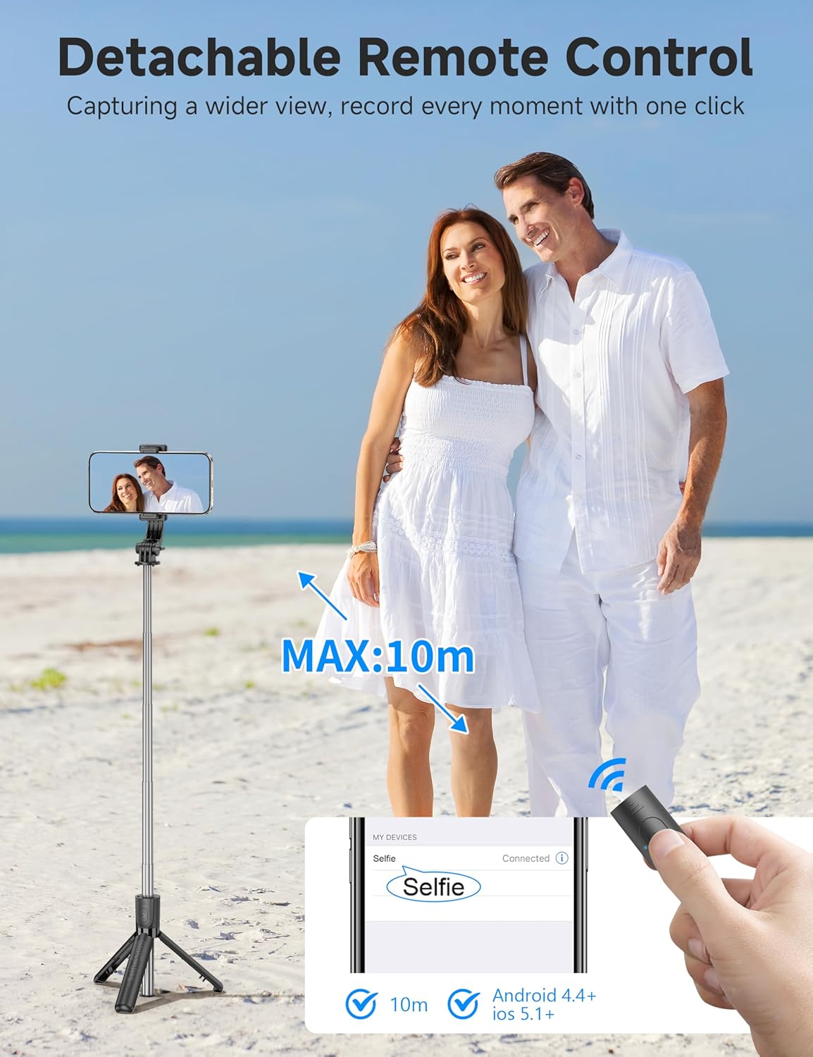 Highlights the product's detachable remote control feature, allowing users to capture wider view photos from a distance.