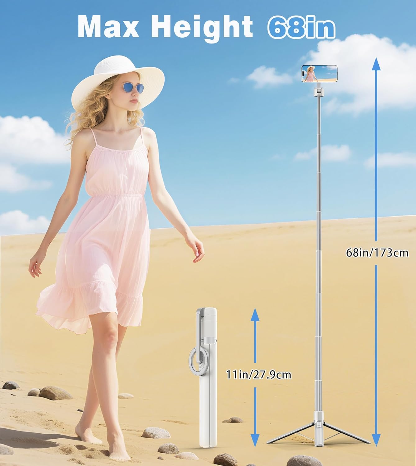 Demonstrates the maximum extended height of the selfie stick and its compact folded size to show versatility and portability. Provides exact measurements of the product's extended and folded lengths…