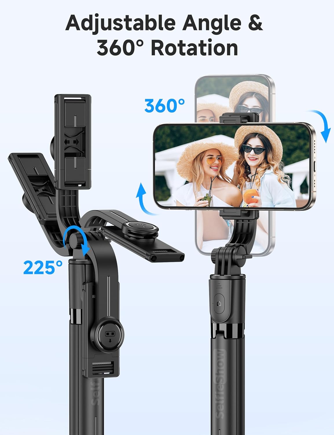 Highlights the product's flexibility in positioning, allowing users to capture photos and videos from various angles.