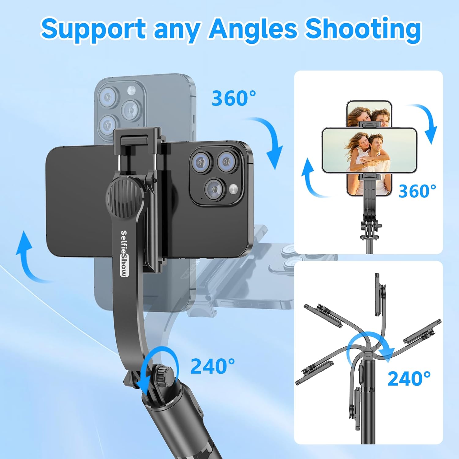 Highlights the product's ability to support shooting from any angle, emphasizing its versatility for capturing photos and videos.