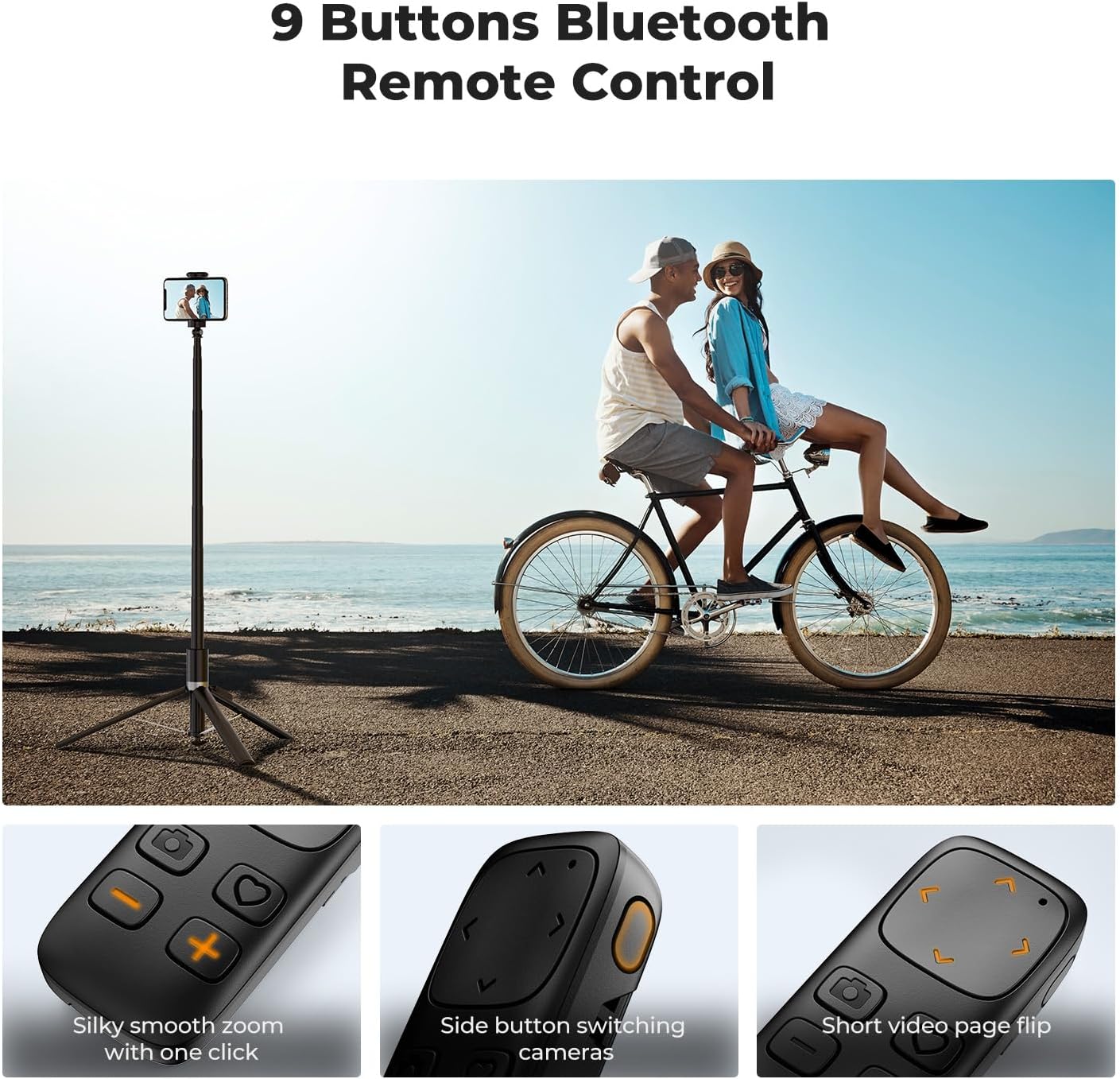 Showcases the product's dual functionality as a Bluetooth remote control and selfie stick, emphasizing its versatility for capturing photos and videos.