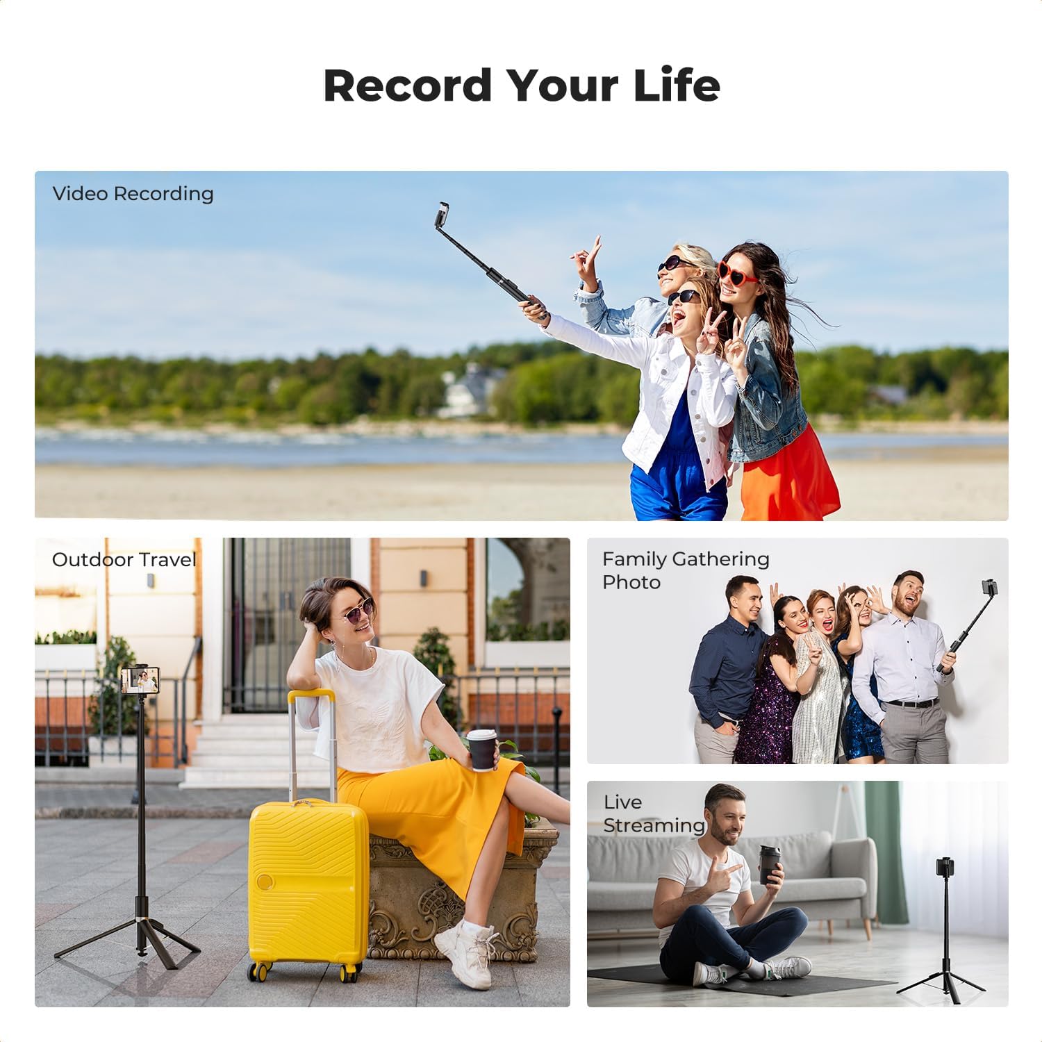 Demonstrates the versatility of the product (likely a selfie stick or camera accessory) for various use cases like travel, family gatherings, and content creation.